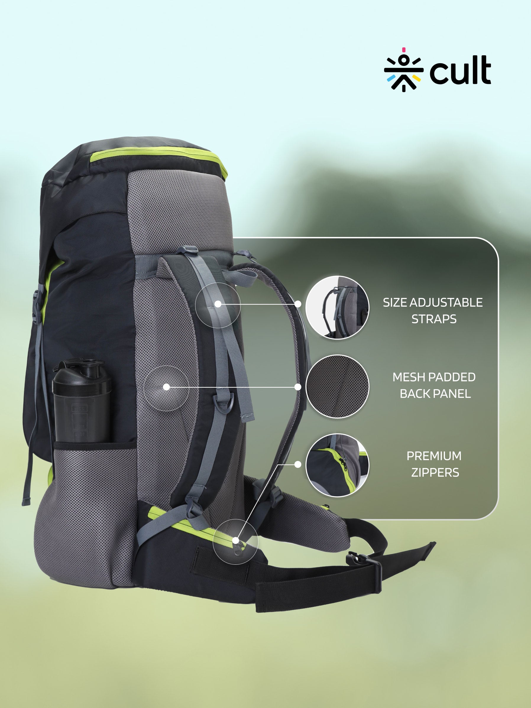 cult 55 Litre Standard Backpack Daypack Bag For Camping Hiking Trekking Black Green