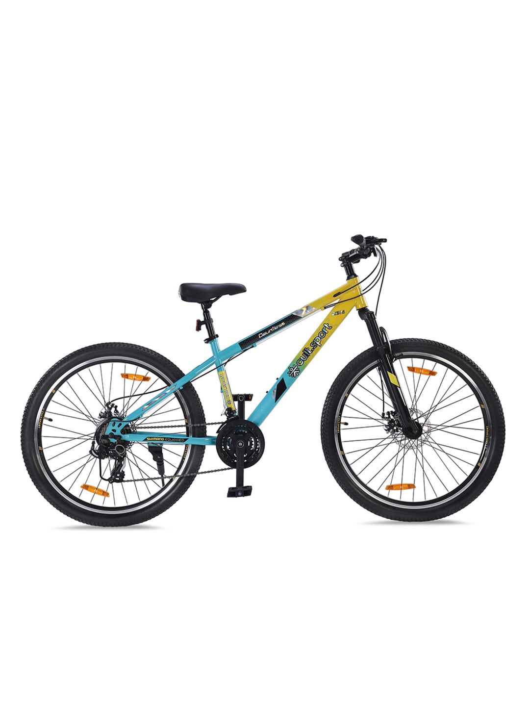 DAUNTLESS21S27.5TYELLOWBLUE Steel 21 Speed Shimano Gear 27.5 inch Mountain Cycle, Dual Disc Brake, Front Suspension and Double Wall Rim