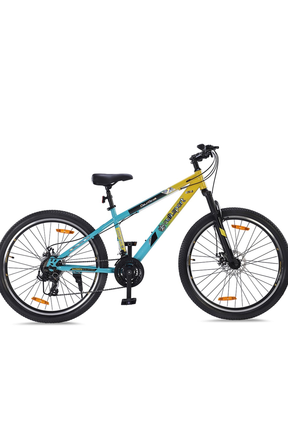 DAUNTLESS21S27.5TYELLOWBLUE Steel 21 Speed Shimano Gear 27.5 inch Mountain Cycle, Dual Disc Brake, Front Suspension and Double Wall Rim