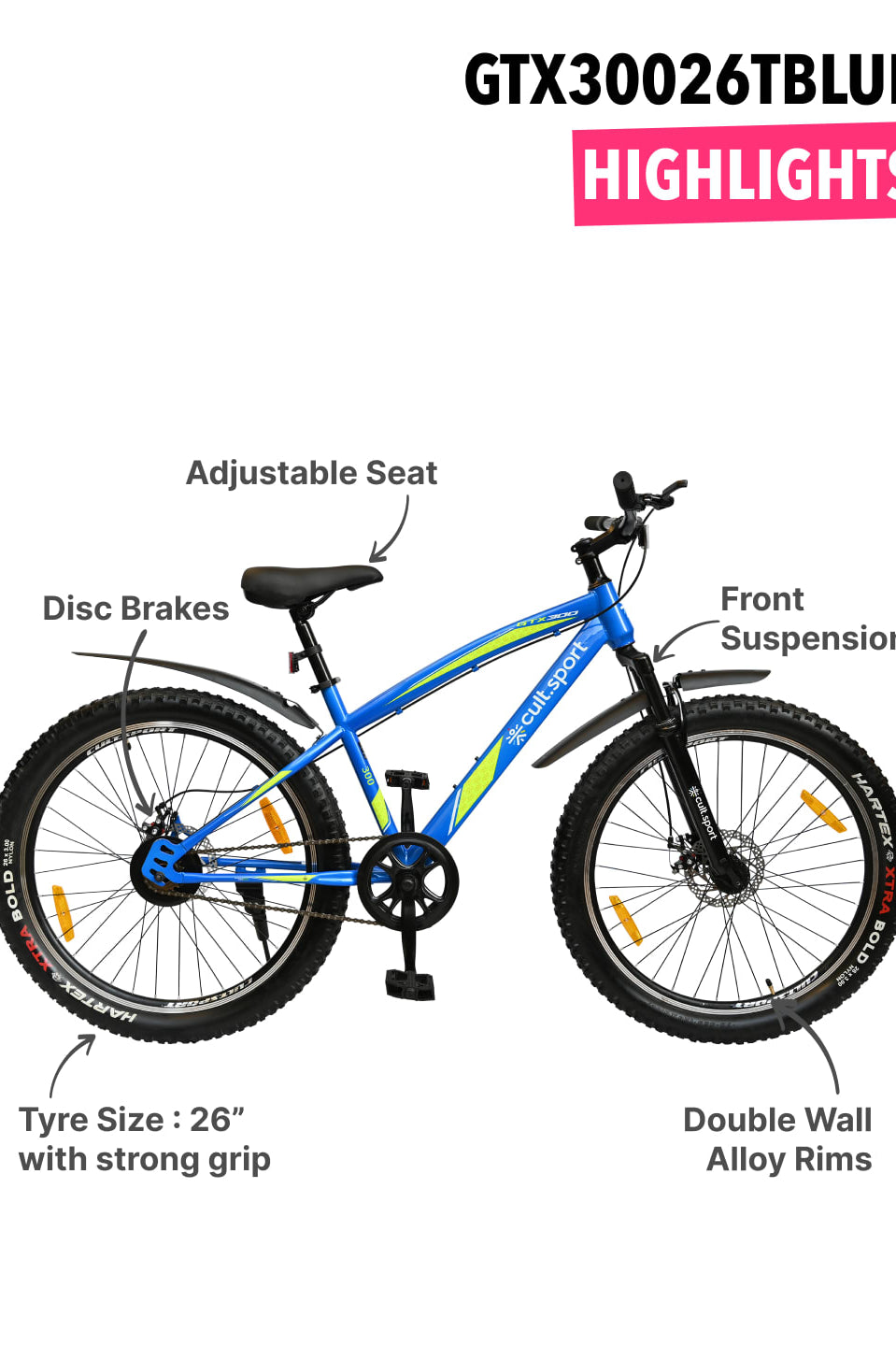 GTX30026TBLUE Steel Single Speed 26 inch Mountain Cycle, Front Suspension and Double Wall Rim