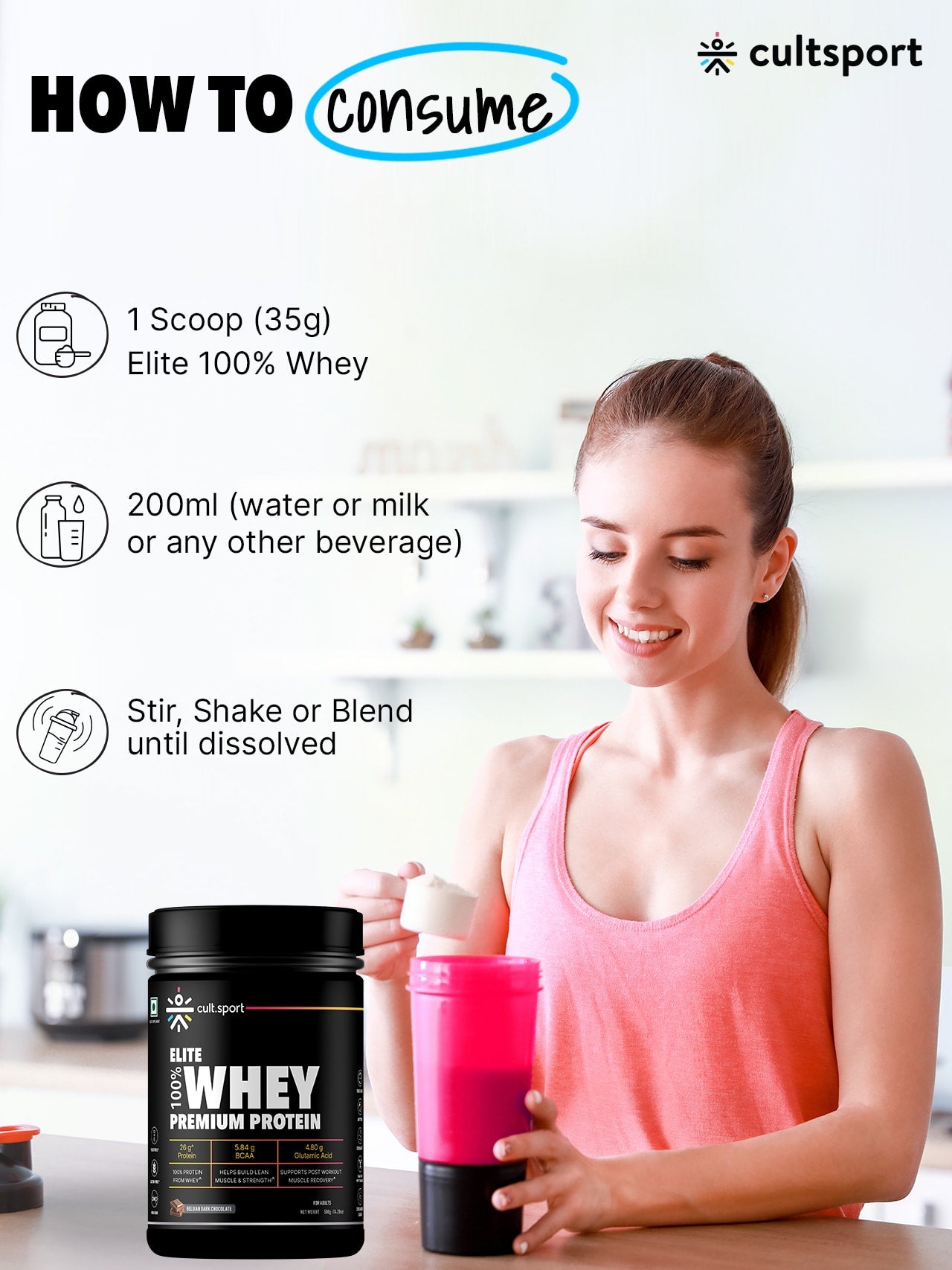 100% Whey Protein Premium Protein - 500g | Sugar free | Protein Powder for Men & Women for Muscle Support & Recovery | 25g Protein Per Serving | 2.5g BCAA, 3.9g Glutamic acid | Belgium Dark Chocolate