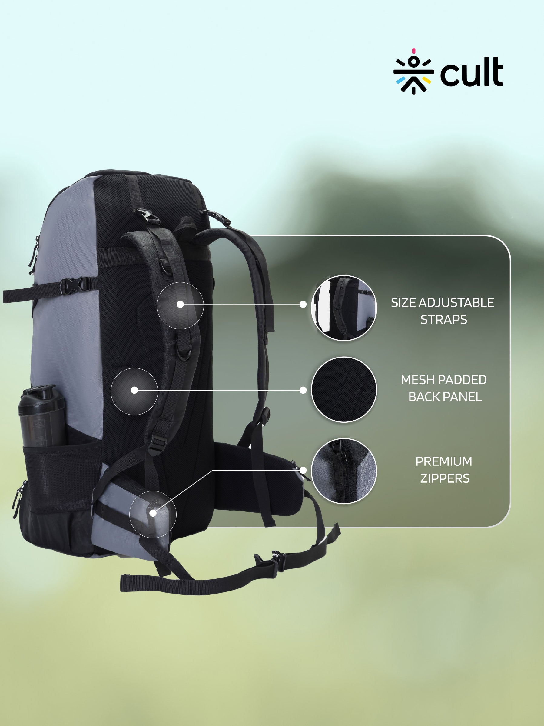 cult 65 Litre Travel Backpack Hiking Trekking Bag Camping Rucksack with Water Proof Rain Cover, Shoe Compartment Grey 