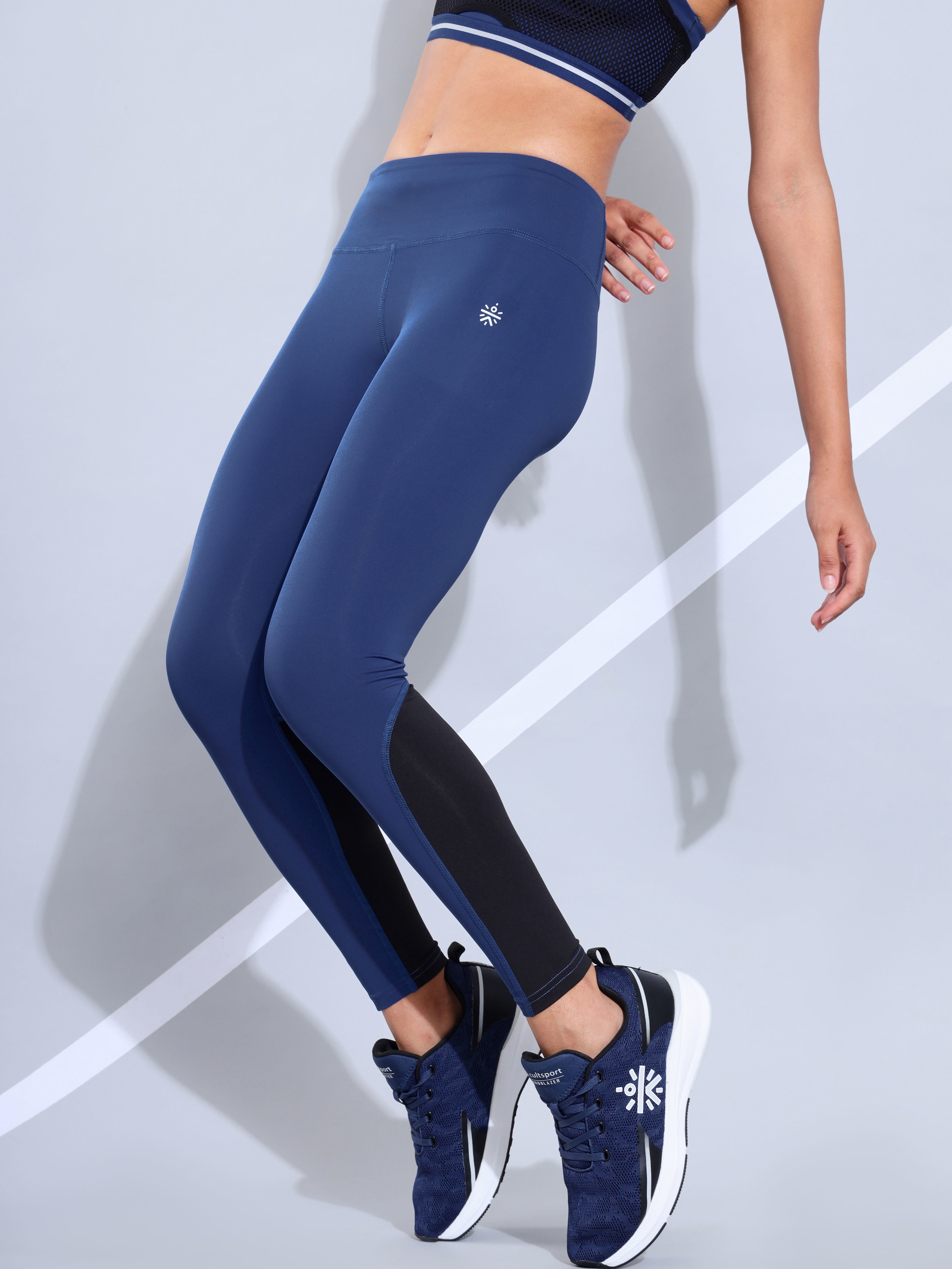 Navy Absolute Fit Tights with Black Color Block Panels and Back Pocket