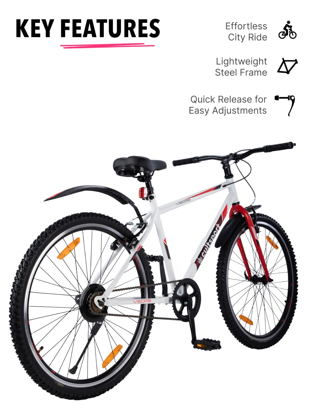 Vegas White Steel Single Speed Cycle 26 inch City Bike with Double Wall Rim and Rigid Fork