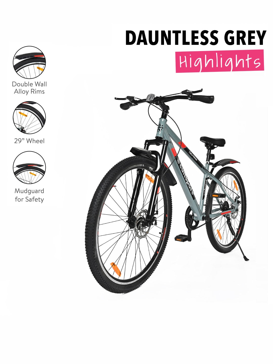 Dauntless29Grey Steel Single Speed 27.5 inch Mountain Cycle, Front Suspension, Double Wall Rim, Free Trainer Sessions, Cycling Event