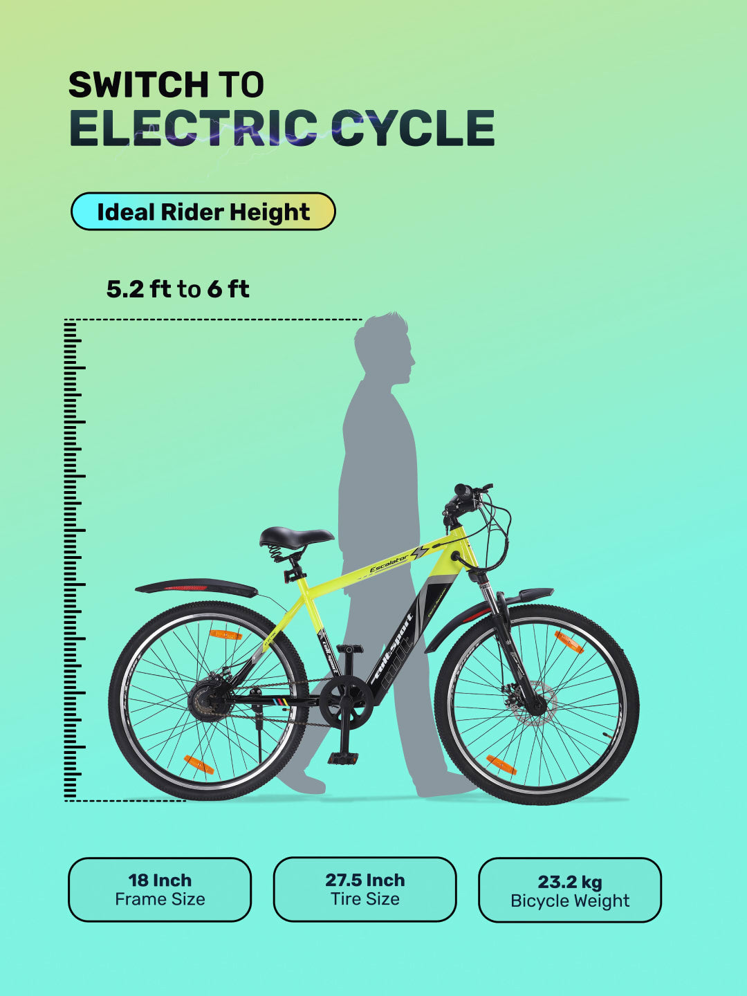 Escalator 27.5T Green with 250W BLDC Motor| 4 Hours Fast Charge| 7.8 Ah Li-ion Battery| Up to 35 Km| 27.5 Inches Wheels| Single Speed Electric Cycle | Ideal for 15+ Years
