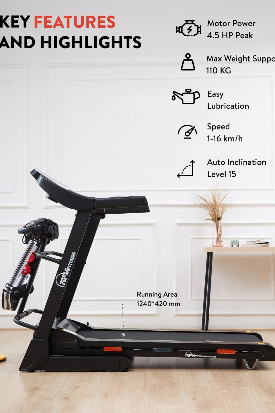 RPM5000 4.5HP DC Treadmill | 15-level Auto-Incline & Massager | Max Weight-110kg | Max Speed-16kmph (with 6 months extended warranty)