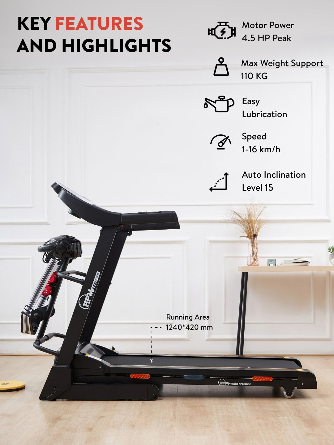 RPM5000 4.5HP DC Treadmill | 15-level Auto-Incline & Massager | Max Weight-110kg | Max Speed-16kmph (with 6 months extended warranty)