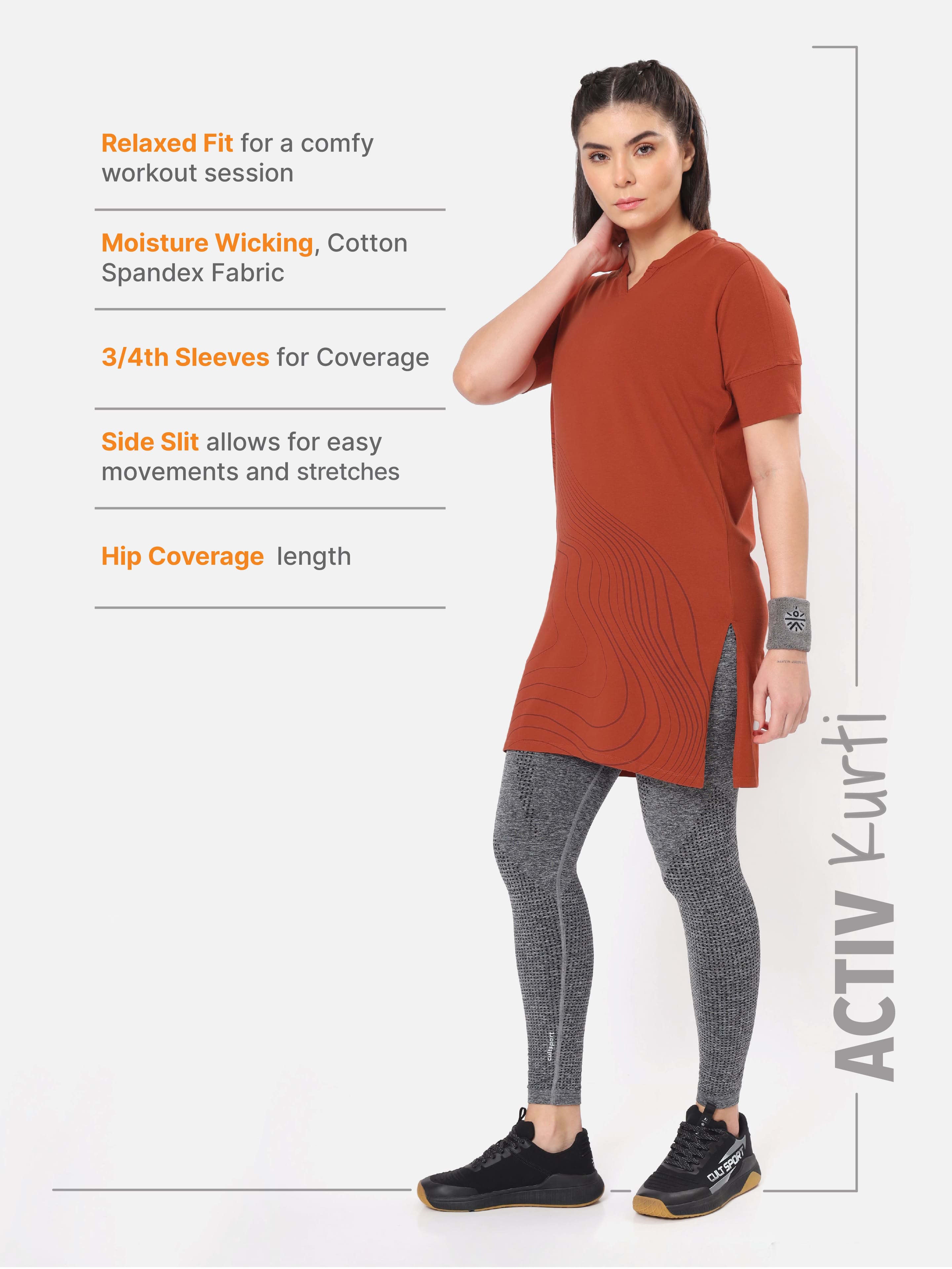 Printed Rust Activ-Kurti with Side Pocket For Women