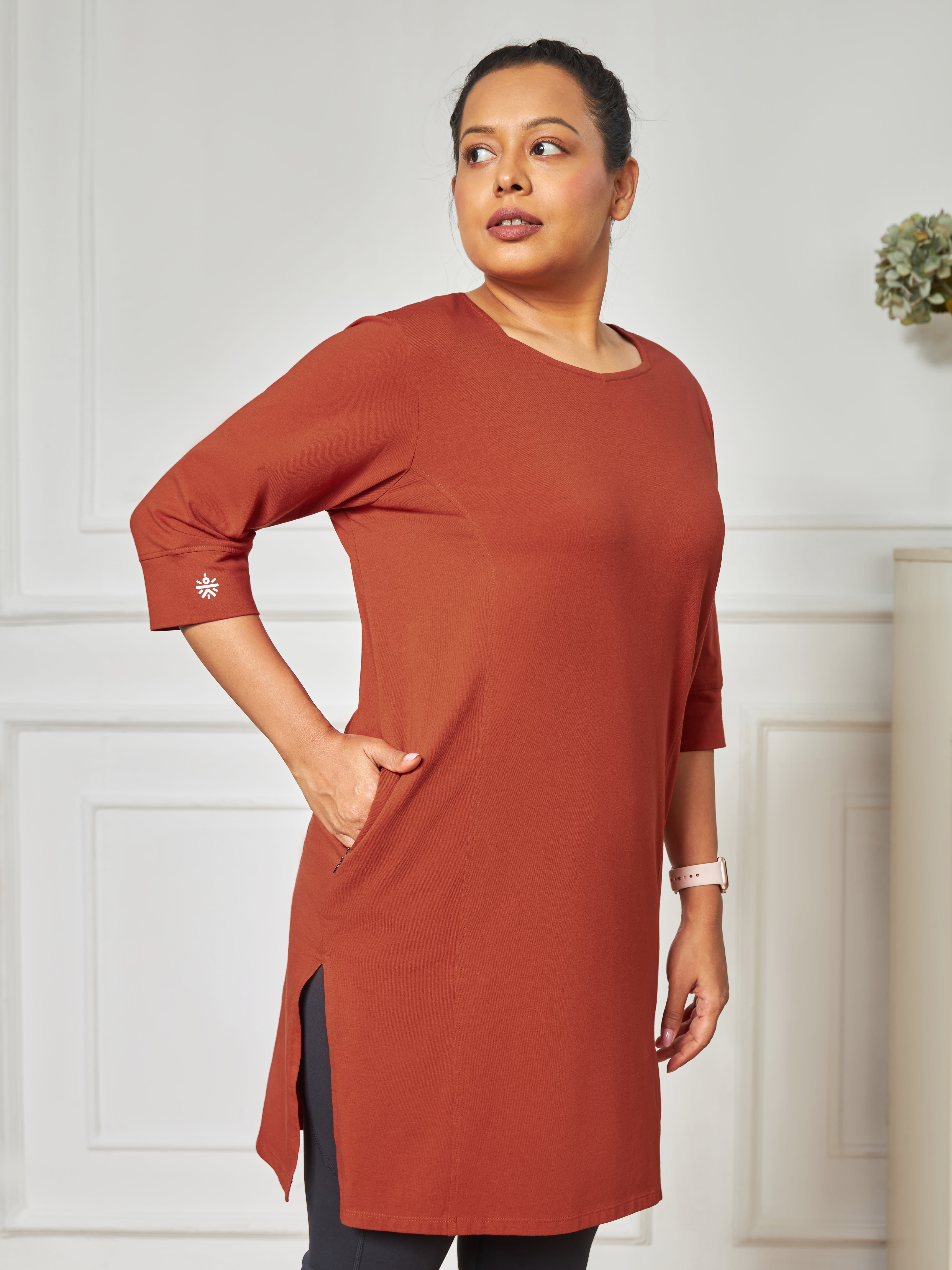 Solid Activ-Kurti with Side Pocket For Women - Rust