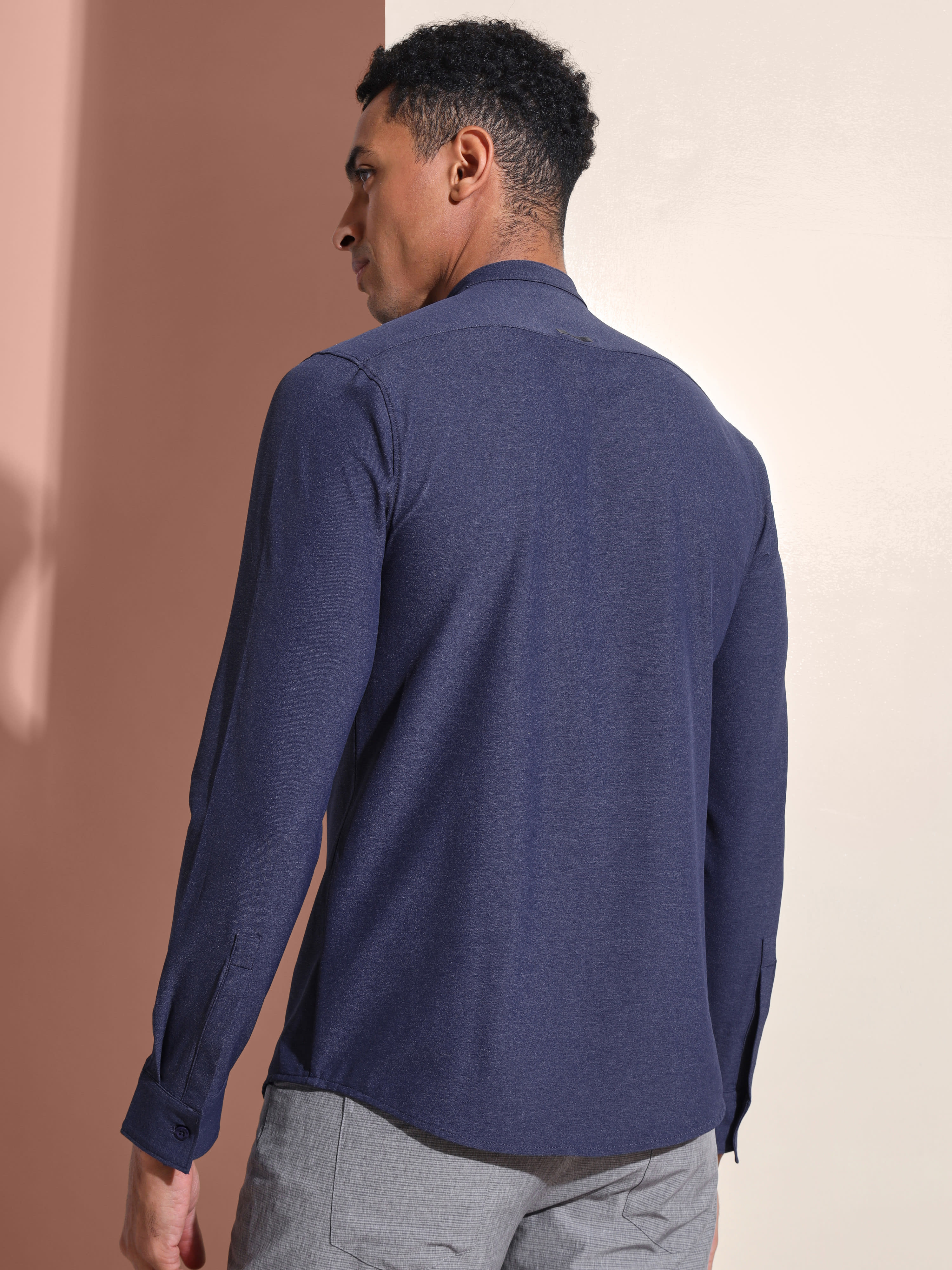 Slim Fit Band Collar Solid Shirt