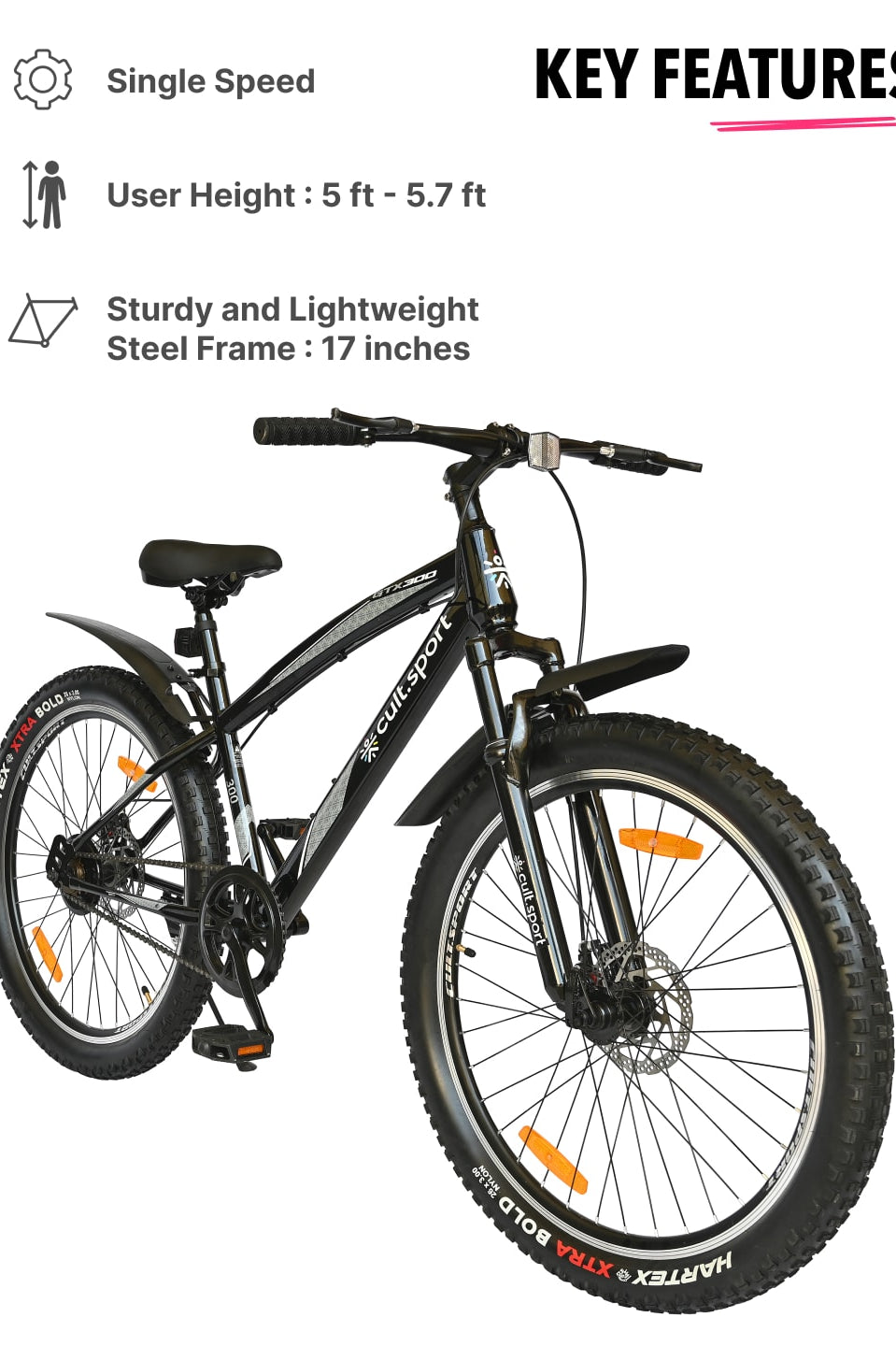 GTX30026TBLACK Steel Single Speed 26 inch Mountain Cycle, Front Suspension and Double Wall Alloy Rim,
