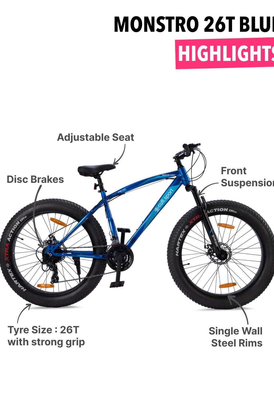 Monstro 26T Fat Bike – 21 Speed Shimano Gear, Front Suspension, Dual Disc Brake, Blue