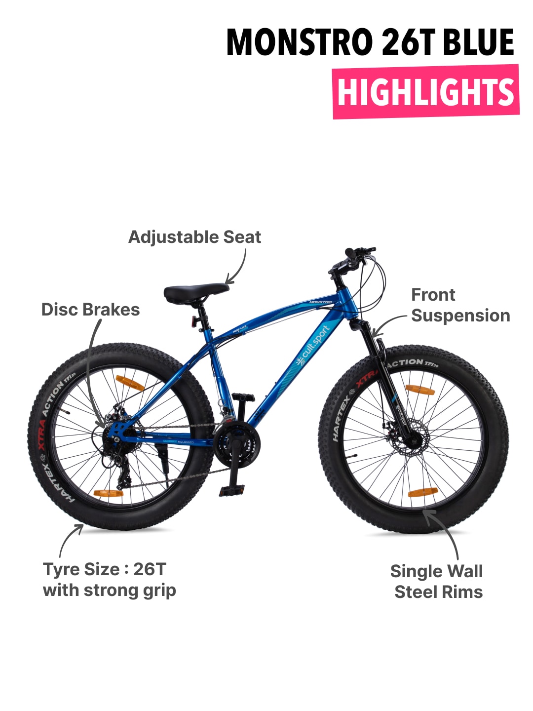 Monstro26T21SBlUE Steel 21 Speed Shimano Gear 26 inch Fat Bike, Front Suspension, Single Wall Rim and Dual Disc Brake,