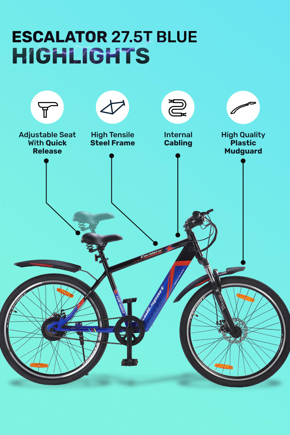 ESCALATOR 27.5T BLUE with 250W BLDC Motor| 4 Hours Fast Charge| 7.8 Ah Li-ion Battery| Up to 35 Km| 27.5 Inches Wheels| Single Speed Electric Cycle | Ideal for 15+ Years