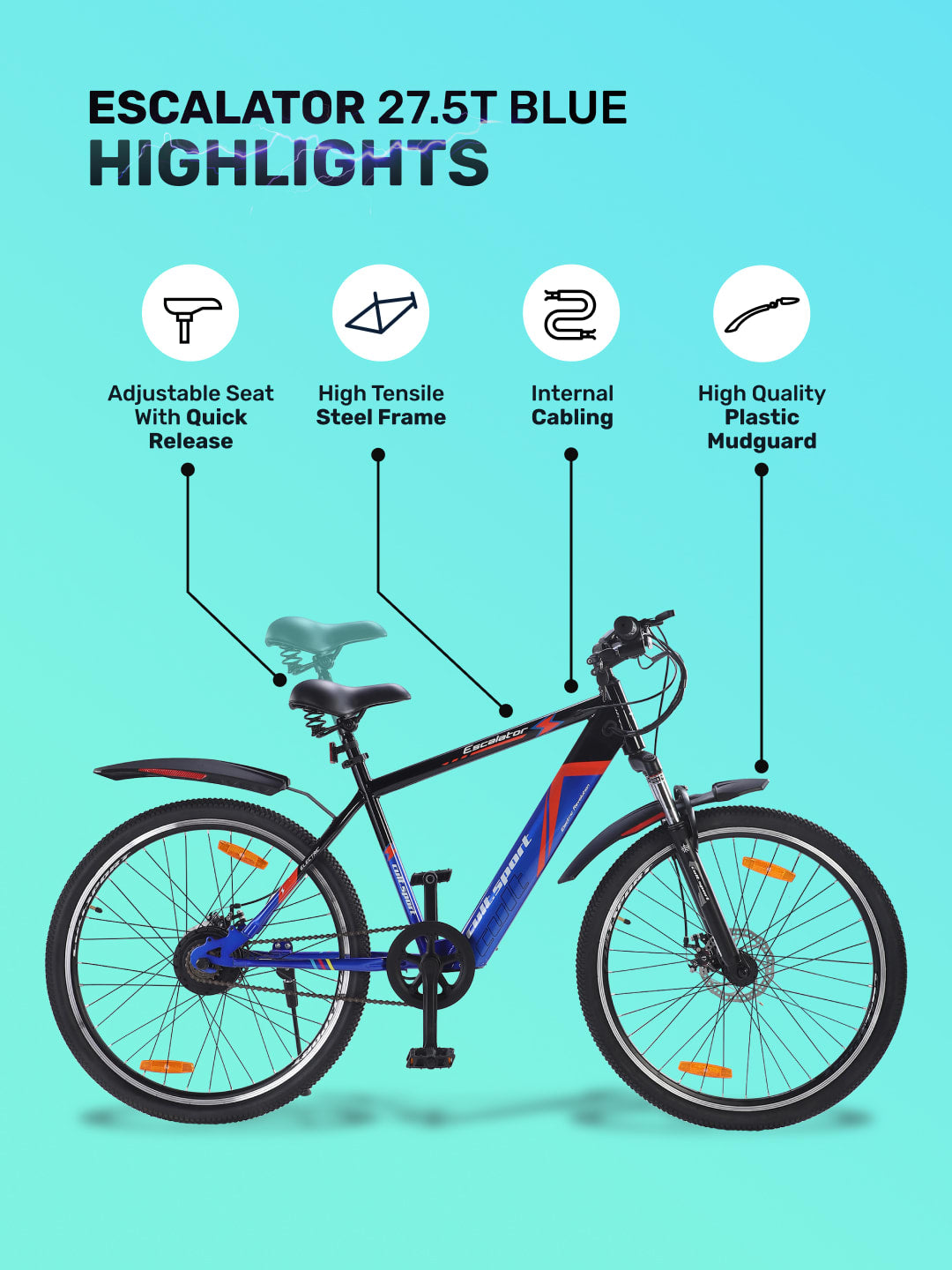 ESCALATOR 27.5T BLUE with 250W BLDC Motor| 4 Hours Fast Charge| 7.8 Ah Li-ion Battery| Up to 35 Km| 27.5 Inches Wheels| Single Speed Electric Cycle | Ideal for 15+ Years