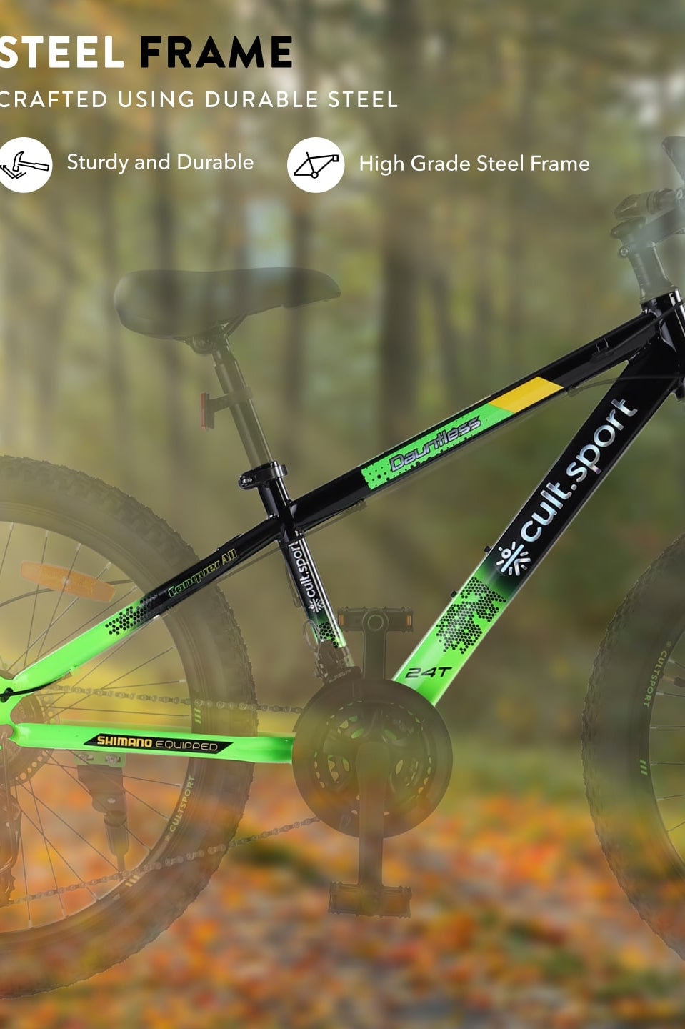 DAUNTLESS21S24TBLACKGREEN Steel 21 Speed Shimano Gear 24 inch Mountain Cycle, Dual Disc Brake, Front Suspension, Double Wall Rim