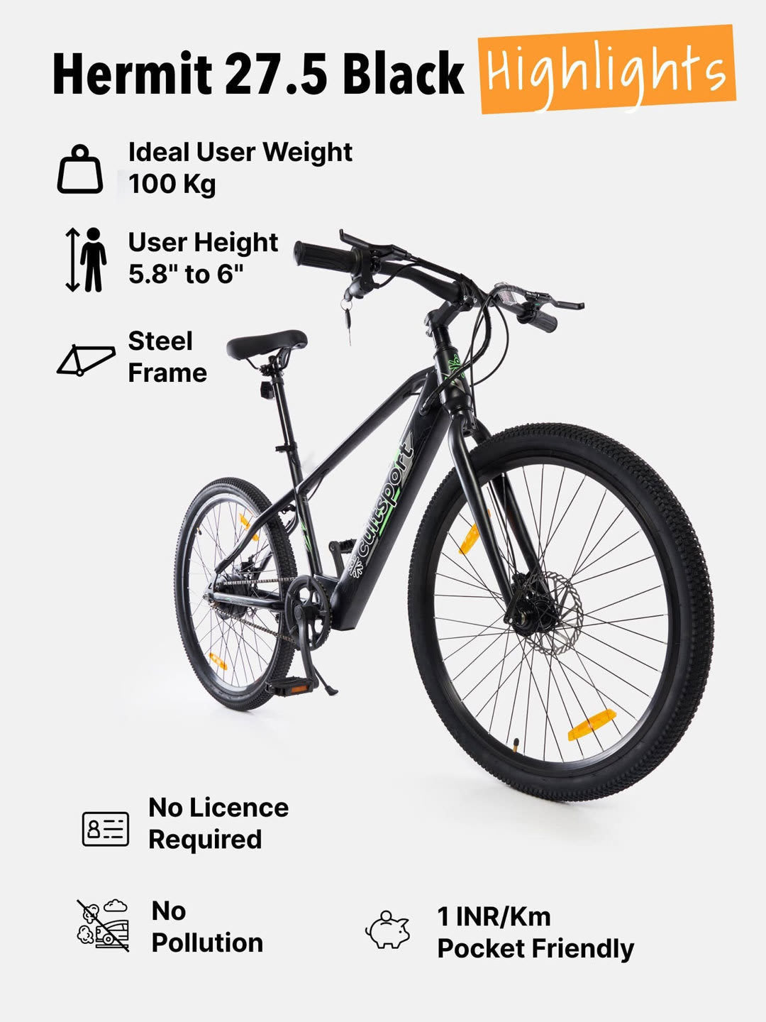Hermit 27.5T Black with 3.5hrs Fast Charge, Cycling Event, BLDC Motor 27.5 inches Single Speed Lithium-ion (Li-ion) Electric Cycle, Ideal for Unisex, 15+ Years