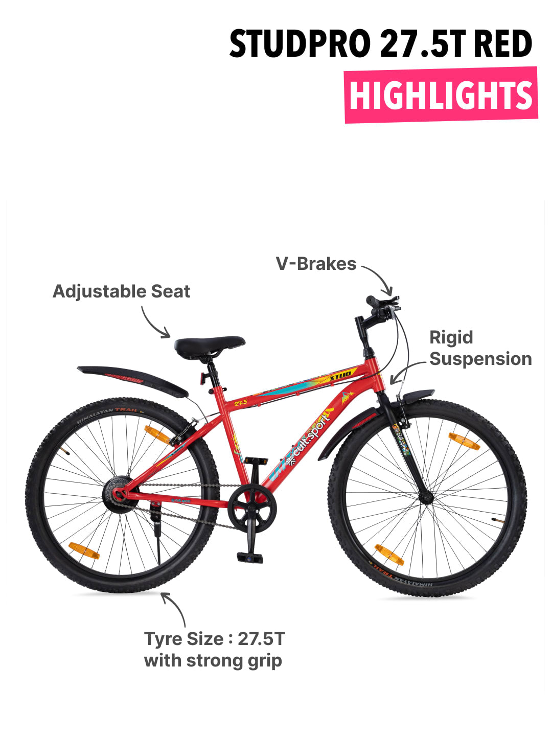 STUDPRO27.5TRED Steel Single Speed 27.5 inch Mountain Cycle with Single Wall Rim and Rigid Fork