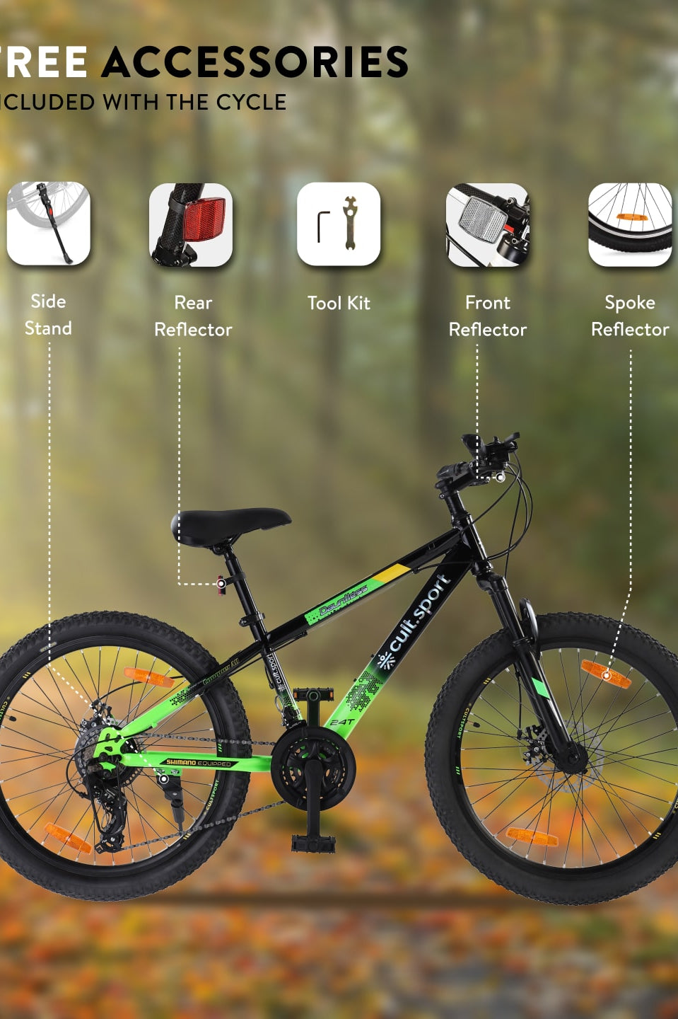 DAUNTLESS21S24TBLACKGREEN Steel 21 Speed Shimano Gear 24 inch Mountain Cycle, Dual Disc Brake, Front Suspension, Double Wall Rim