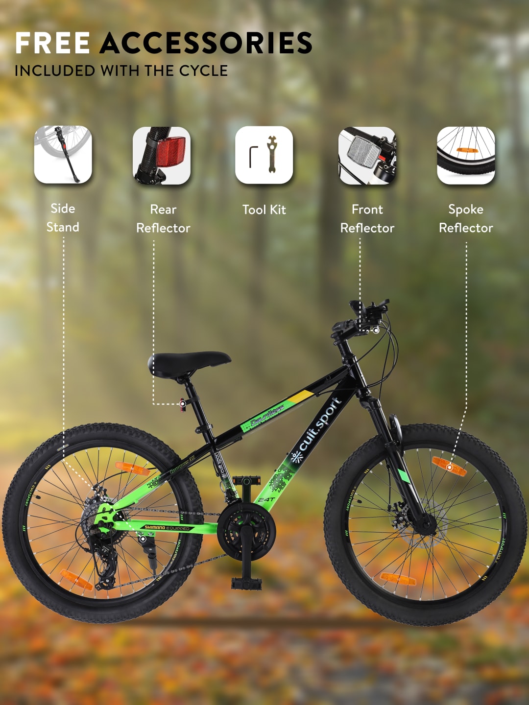 DAUNTLESS21S24TBLACKGREEN Steel 21 Speed Shimano Gear 24 inch Mountain Cycle, Dual Disc Brake, Front Suspension, Double Wall Rim