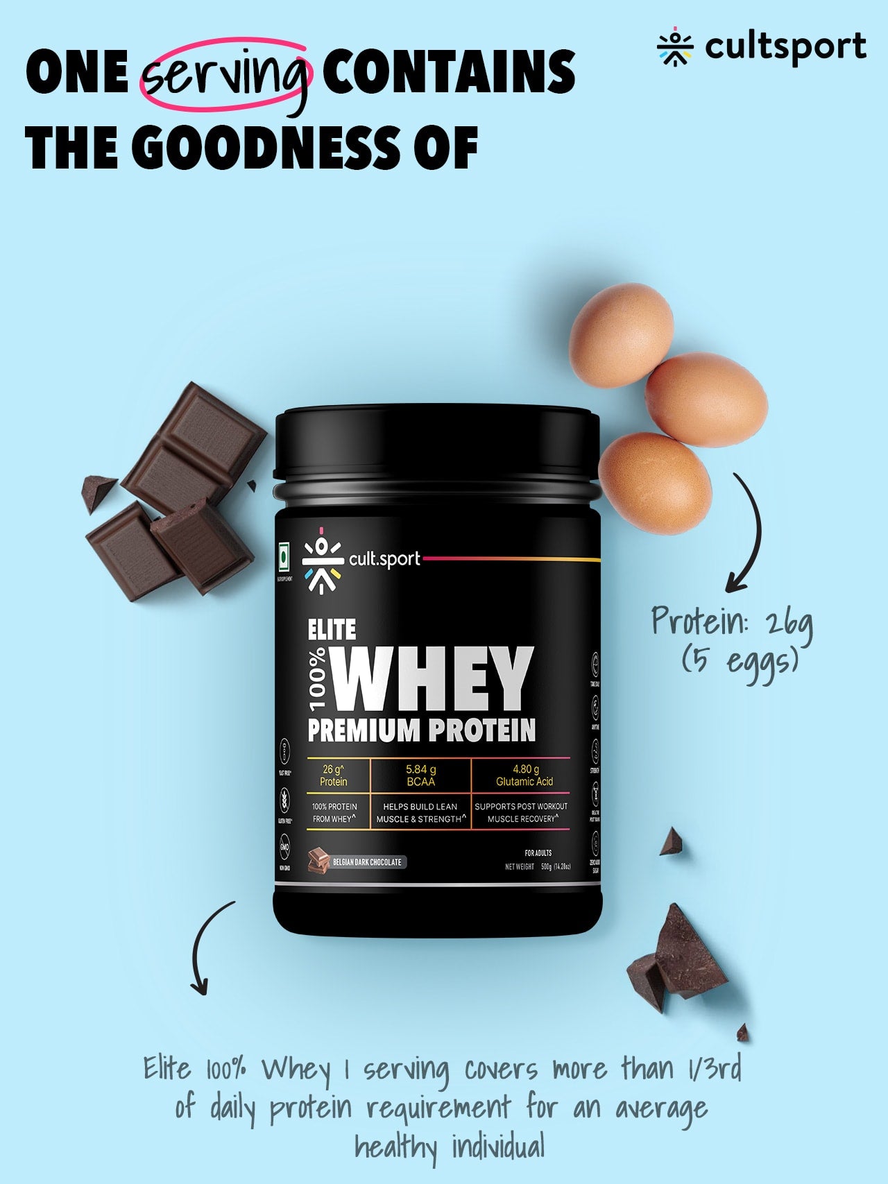 100% Whey Protein Premium Protein - 500g | Sugar free | Protein Powder for Men & Women for Muscle Support & Recovery | 25g Protein Per Serving | 2.5g BCAA, 3.9g Glutamic acid | Belgium Dark Chocolate