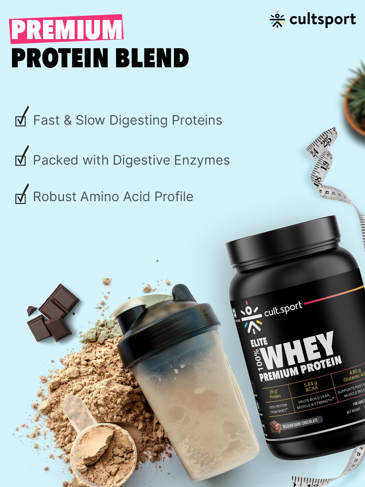 100% Whey Protein Premium Protein - 2kg | Sugar free | Protein Powder for Men & Women for Muscle Support & Recovery | 25g Protein Per Serving | 2.5g BCAA, 3.9g Glutamic acid | Belgium Dark Chocolate