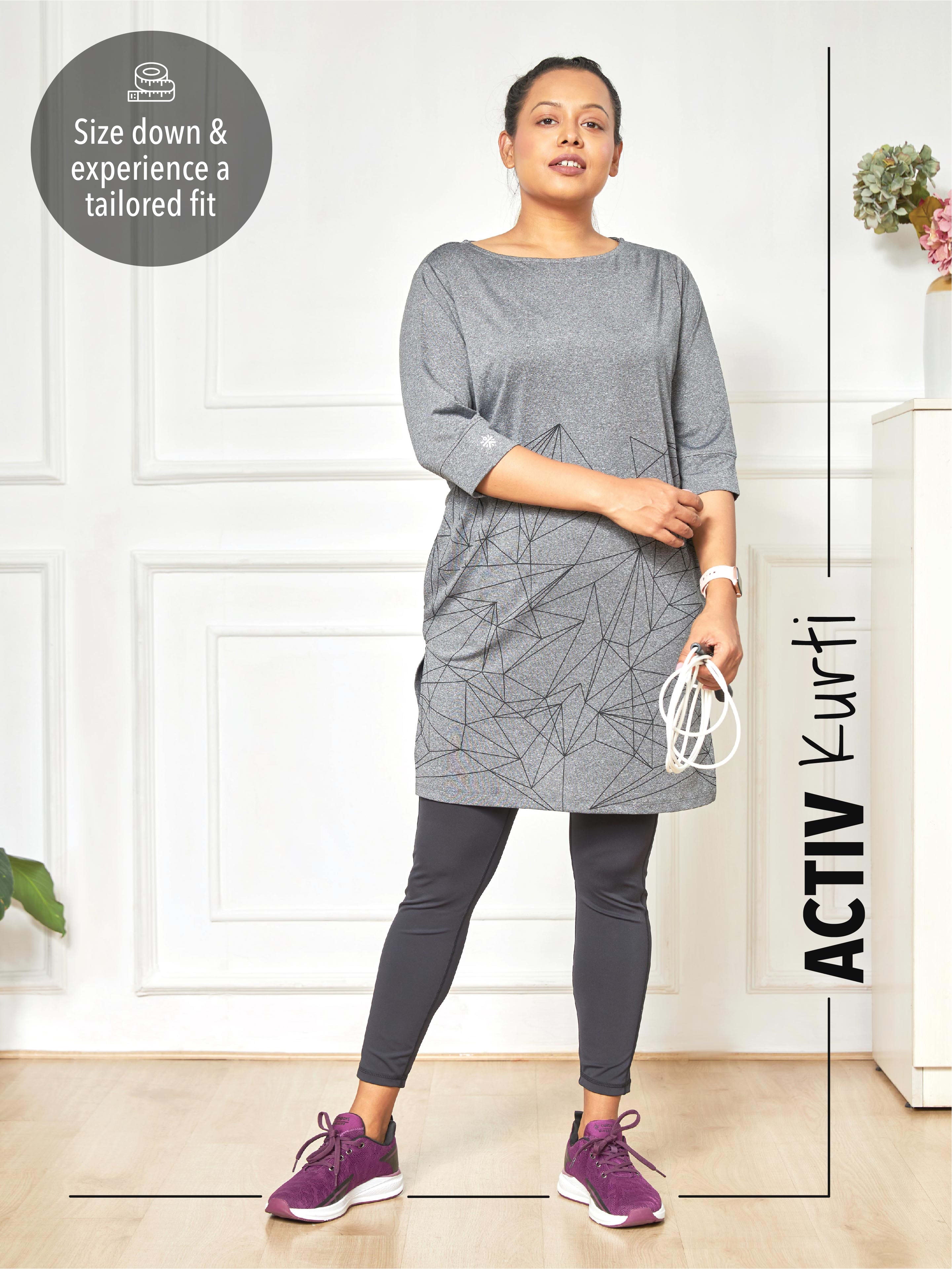 Printed Dark Grey Activ-Kurti with Side Pocket For Women