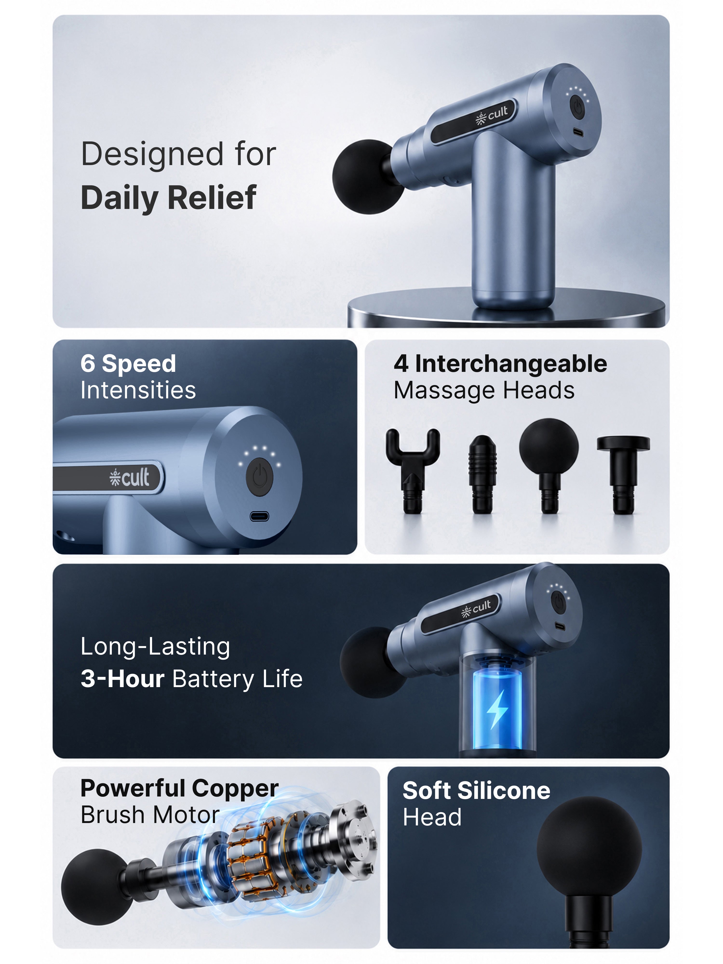 Cult Thrust, Full Body Professional Gun Massager, Upto 3 Hour Battery, Deep Tissue Percussions, 4 Interchangeable heads, 6 Speed levels, Silicone head, Blue