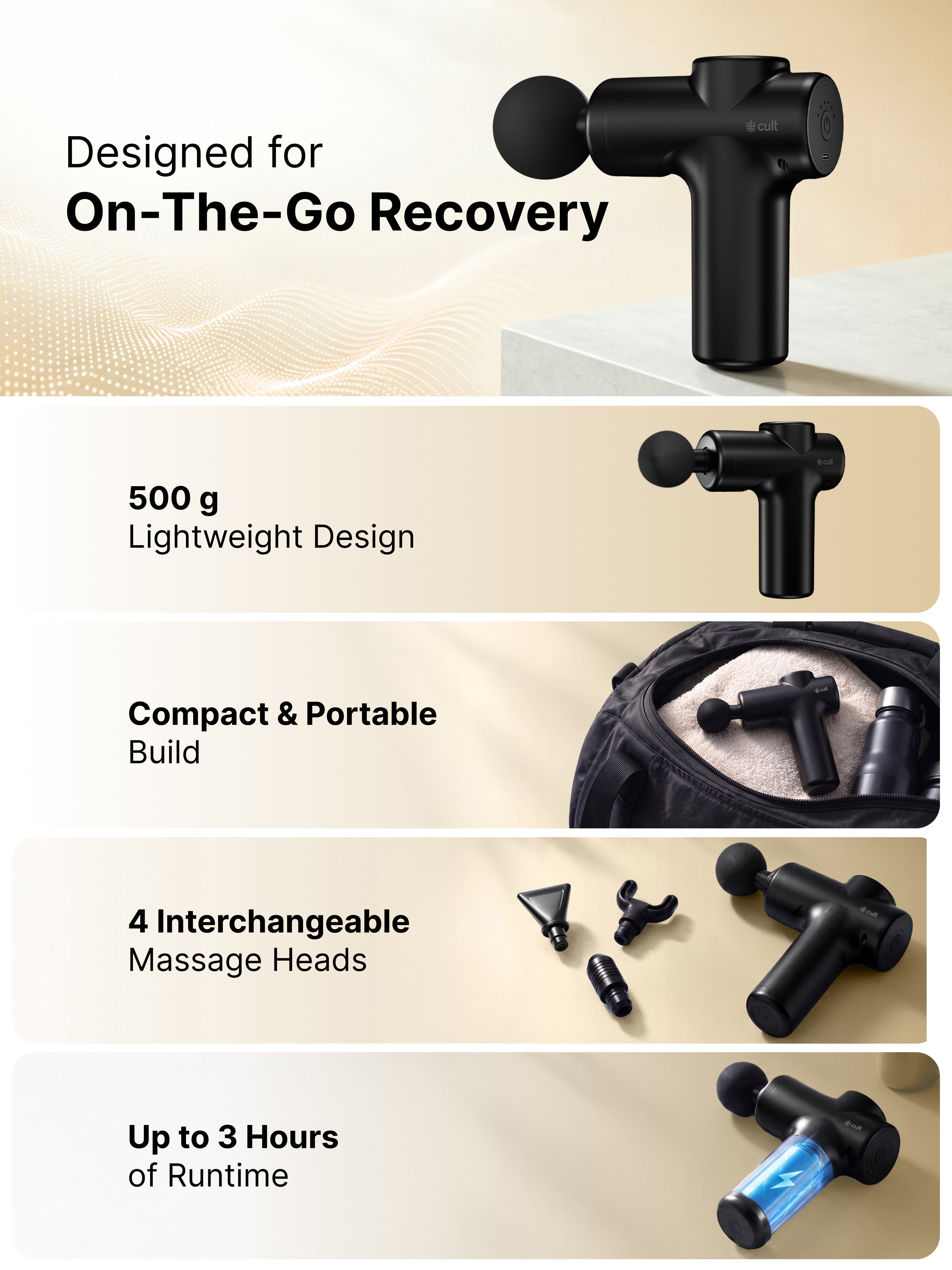Cult Flex Portable Deep Tissue Massage Gun for Full-Body Muscle Relief, Ultra-Lightweight Handheld Design, 6 Speed Levels, Up to 3-Hour Battery Life, 4 Interchangeable Heads, Deep Tissue Massager for Arms, Shoulders, Legs & Everyday Recovery