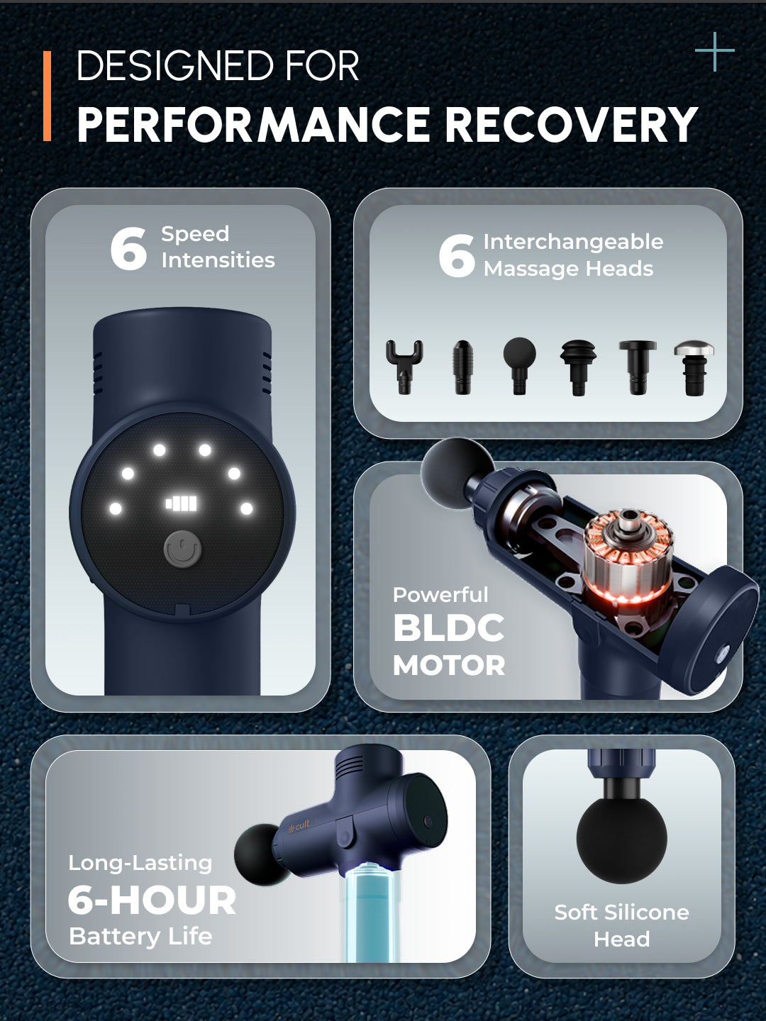 Cult TORQ X Massage Gun for Deep Tissue Muscle Recovery | BLDC Motor, 10mm Amplitude, 6 Speed Levels, 6 Massage Heads, 6-Hour Battery | Pain Relief Massager for Hybrid Athletes, Runners & Fitness Enthusiasts, Blue