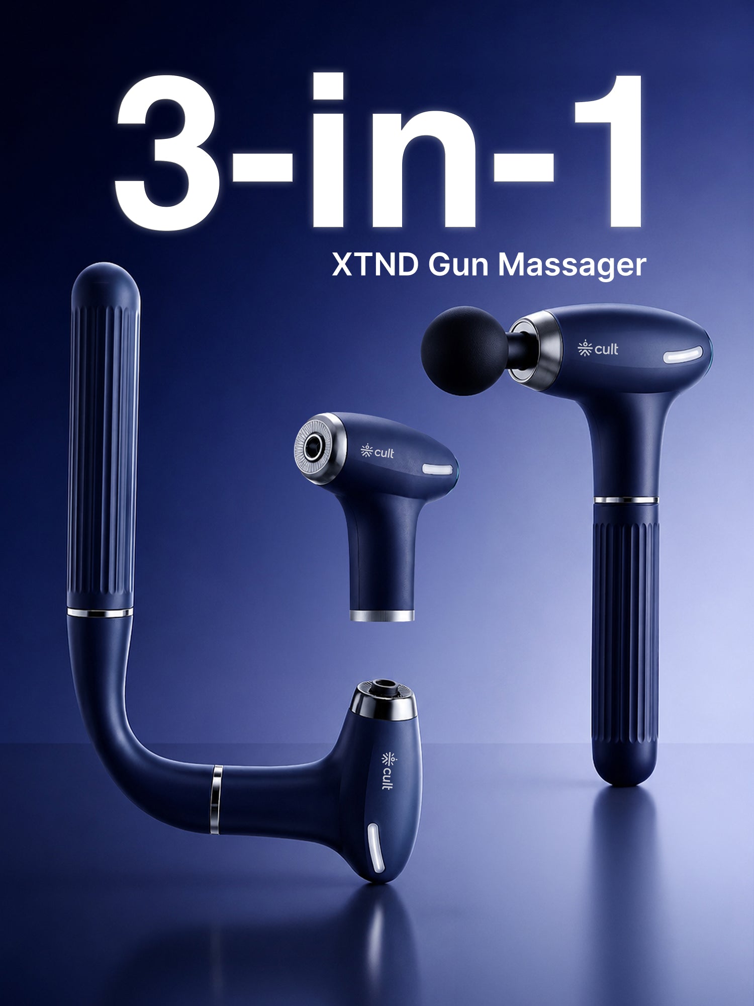Cult XTND Massage Gun for Full-Body Muscle Relief, 3-in-1 Extension for Easy Back & Full-Body Massage, 35W Motor, 6 Speed Levels, 4 Massage Heads, Pain Relief Massager for Back, Shoulders, Legs & Everyday Recovery, Blue