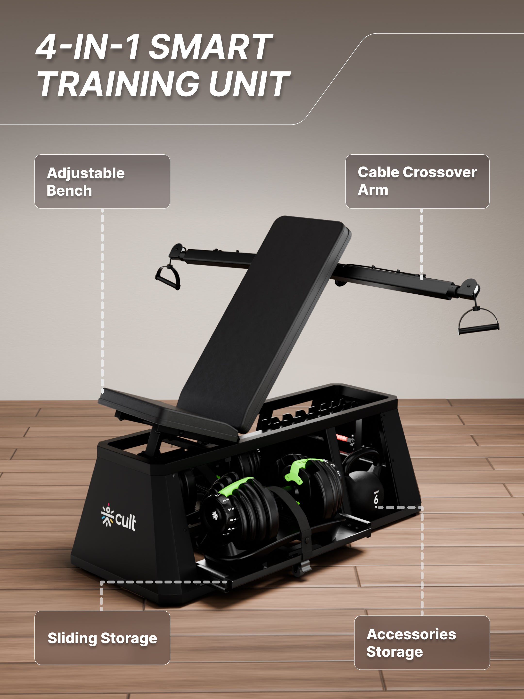 Cult 4 in 1 Multi Home Gym with Cable Crossover, Adjustable Bench,  Dumbbell & Weights Storage Rack | 300 Kg Capacity | 8-Level Incline/Decline | 3 Resistance Levels | Perfect for Home Gym