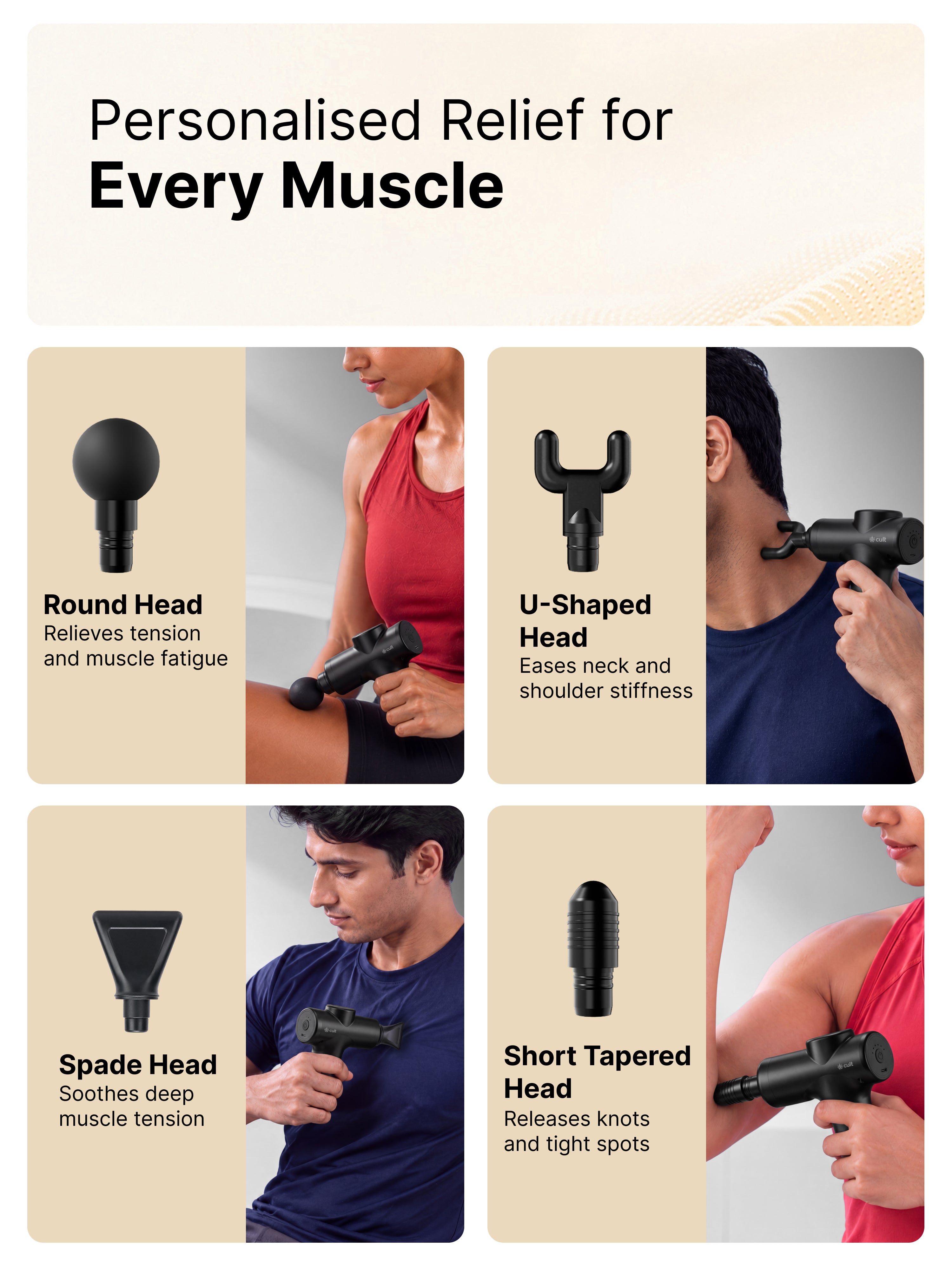 Cult Flex Portable Deep Tissue Massage Gun for Full-Body Muscle Relief, Ultra-Lightweight Handheld Design, 6 Speed Levels, Up to 3-Hour Battery Life, 4 Interchangeable Heads, Deep Tissue Massager for Arms, Shoulders, Legs & Everyday Recovery