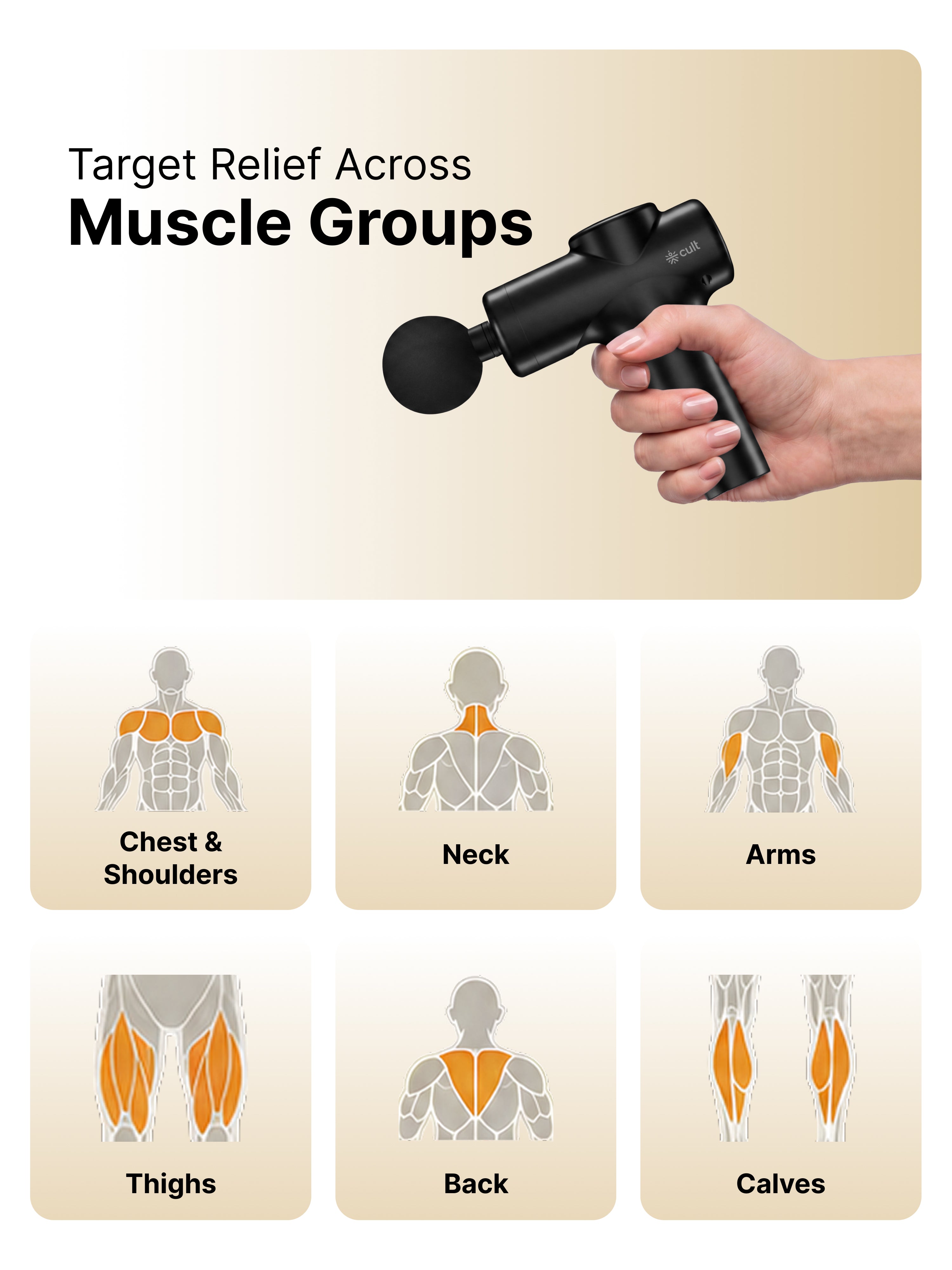 Cult Flex Portable Deep Tissue Massage Gun for Full-Body Muscle Relief, Ultra-Lightweight Handheld Design, 6 Speed Levels, Up to 3-Hour Battery Life, 4 Interchangeable Heads, Deep Tissue Massager for Arms, Shoulders, Legs & Everyday Recovery