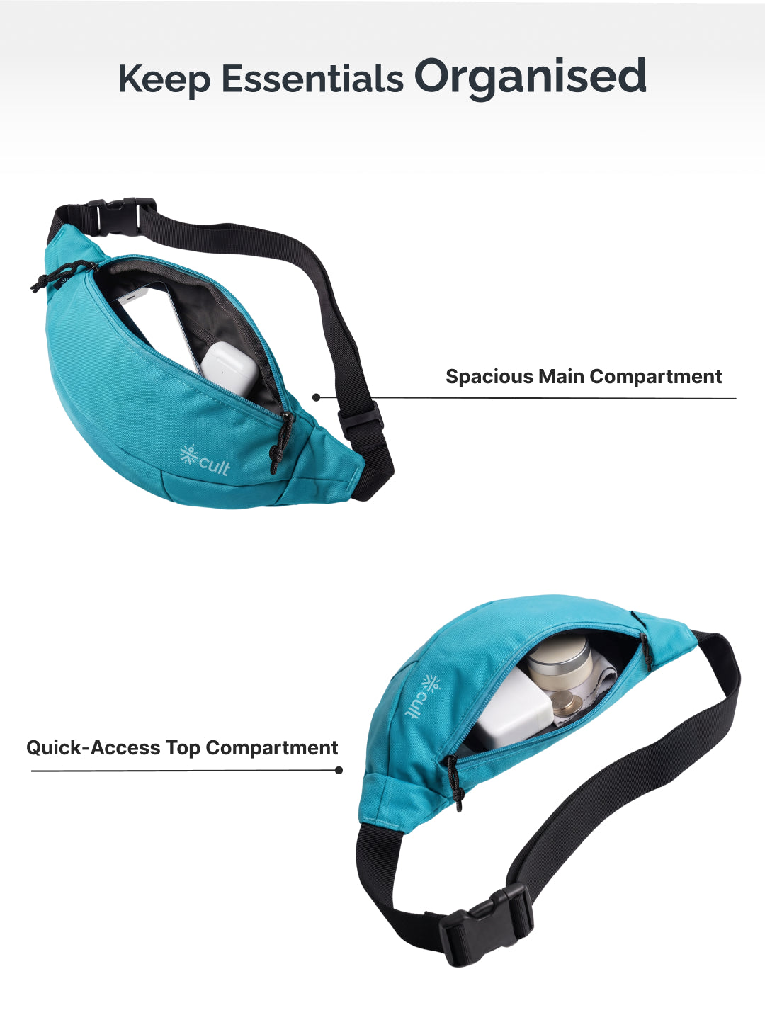 Cult Waist Bag for Men & Women, Compact Fanny Pack with Dual Compartments, Adjustable Strap, Water-Repellent Travel, Running & Everyday Carry Bag – Turquoise