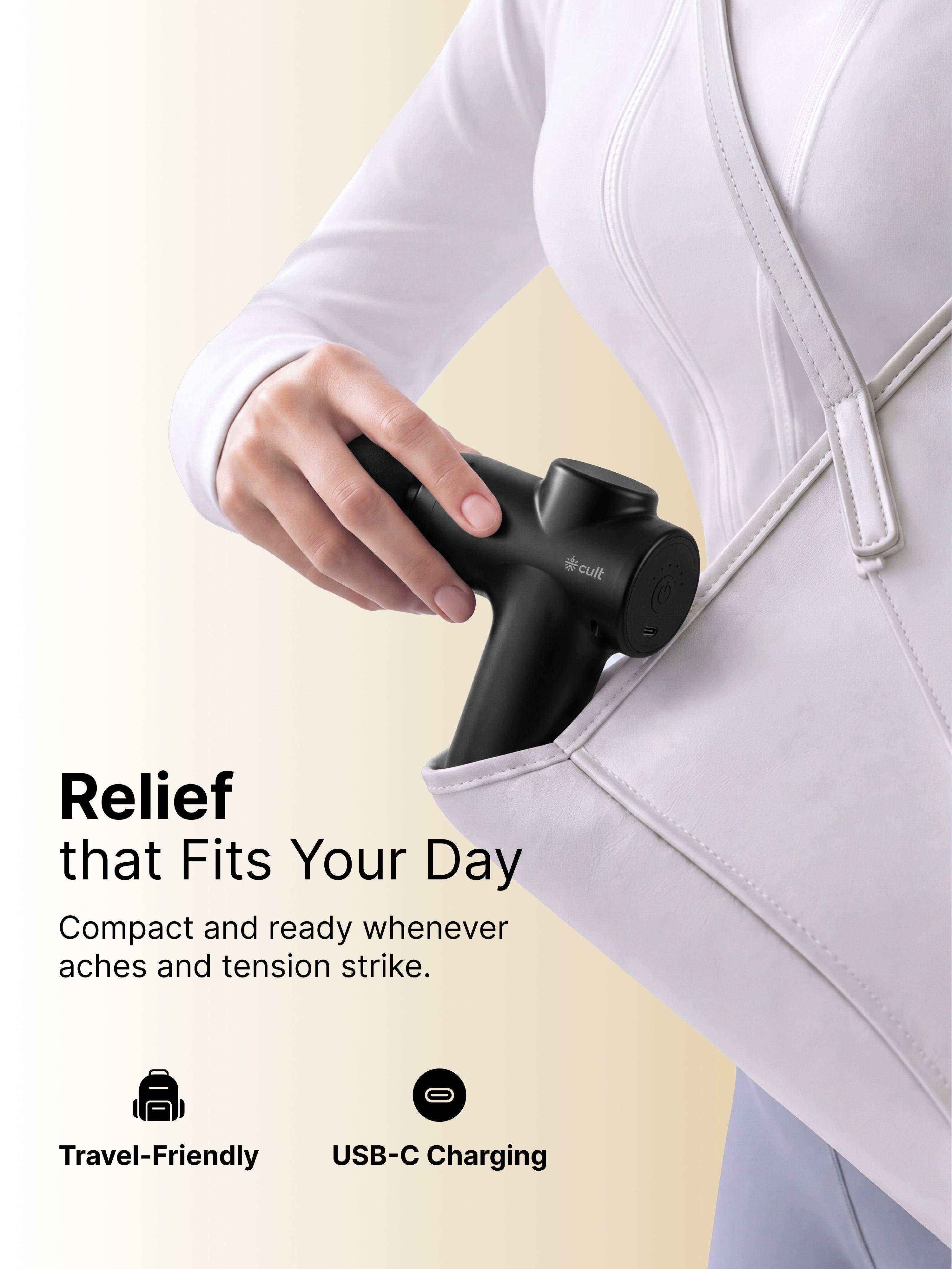 Cult Flex Portable Deep Tissue Massage Gun for Full-Body Muscle Relief, Ultra-Lightweight Handheld Design, 6 Speed Levels, Up to 3-Hour Battery Life, 4 Interchangeable Heads, Deep Tissue Massager for Arms, Shoulders, Legs & Everyday Recovery