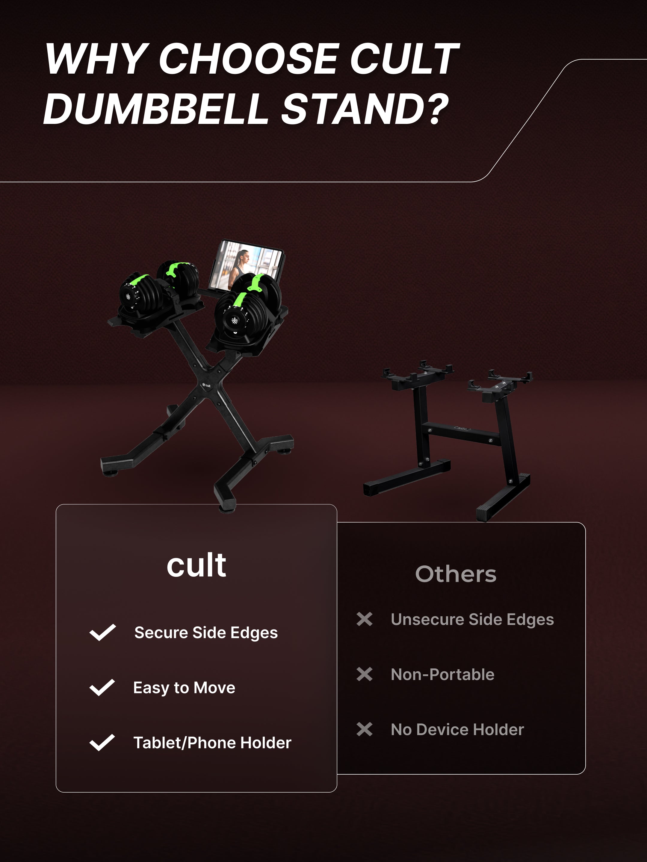 Cult Dumbbell Stand | 100 KG Weight Capacity | With Wheels & Tablet Holder | Protected Edges | Compact Home Gym Storage (6 Months extended Warranty only on Cultstore.com)
