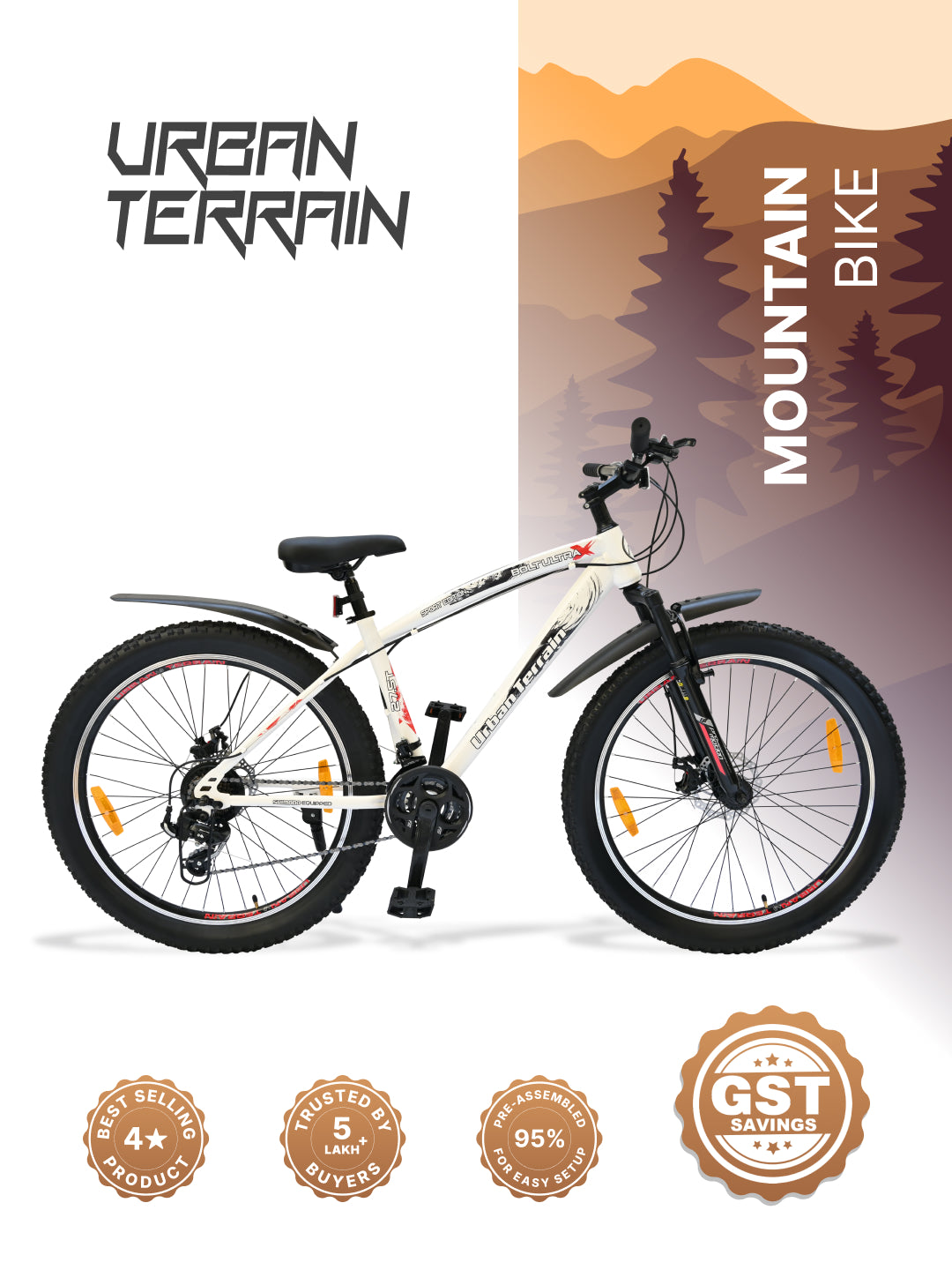 Bolt Ultra Mountain Bike Steel 21 Speed Cycle 27.5 inch Tyre, White With Front Suspension, Double Wall Rim and Dual Disc Brakes, Ideal For 5.2 ft to 6 ft