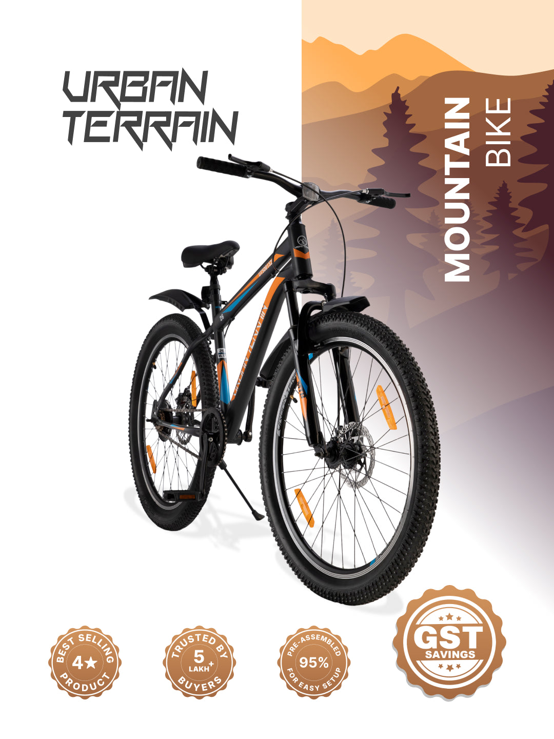 UT5001S26 Mountain Bike Steel Single Speed Cycle 26 inch Tyre, Dual Disc Brake, Front Suspension, Double Wall Alloy Rim, Black