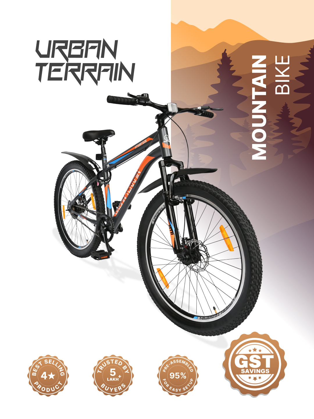 UT5001S26ACC Mountain Cycle Steel Single Speed 26 inch with Dual Disc Brakes, Front Suspension, Double Wall Alloy Rim, Bell & Lock, Black, Free Trainer Sessions, Cycling Event