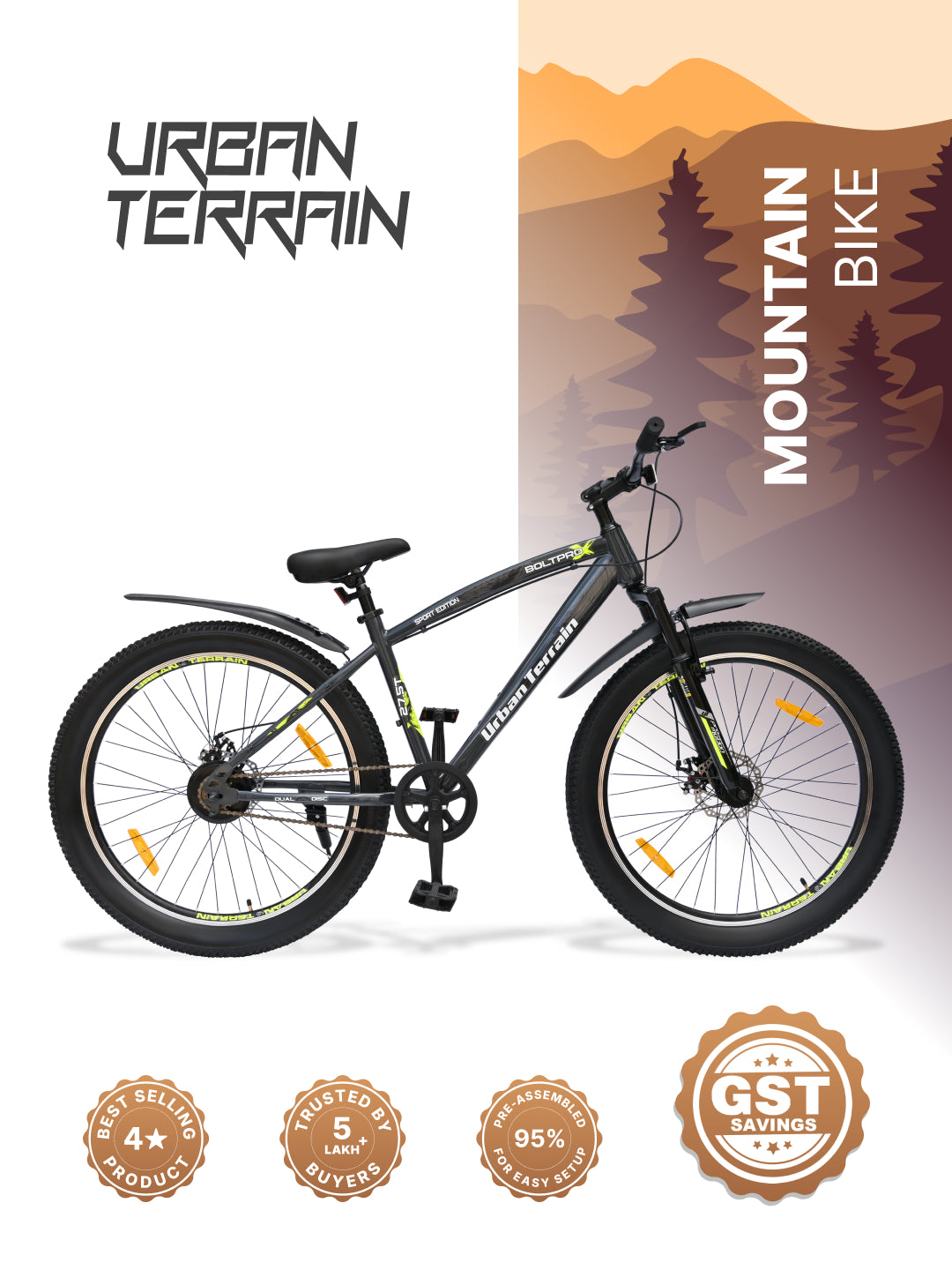 Bolt Pro Mountain Bike Steel Single Speed 27.5 inch Tyre with Dual Disc Brakes, Front Suspension, Double Wall Alloy Rim, Grey