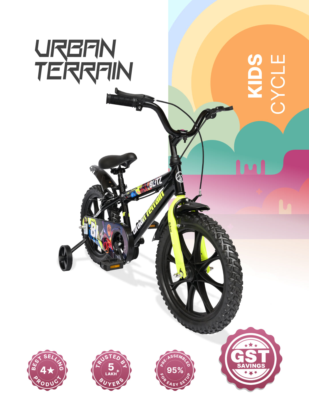 Urban Terrain Blitz Cycles 16T for Boys/Girls Kids Ages 4 to 6 Comes with Training Wheels (Black, Green)
