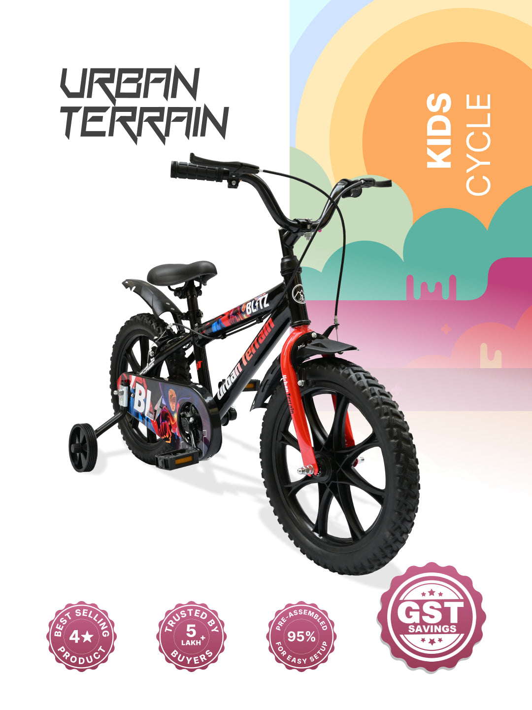 Urban Terrain Blitz Cycles 16T for Boys/Girls Kids Ages 4 to 6 Comes with Training Wheels (Black, Red)