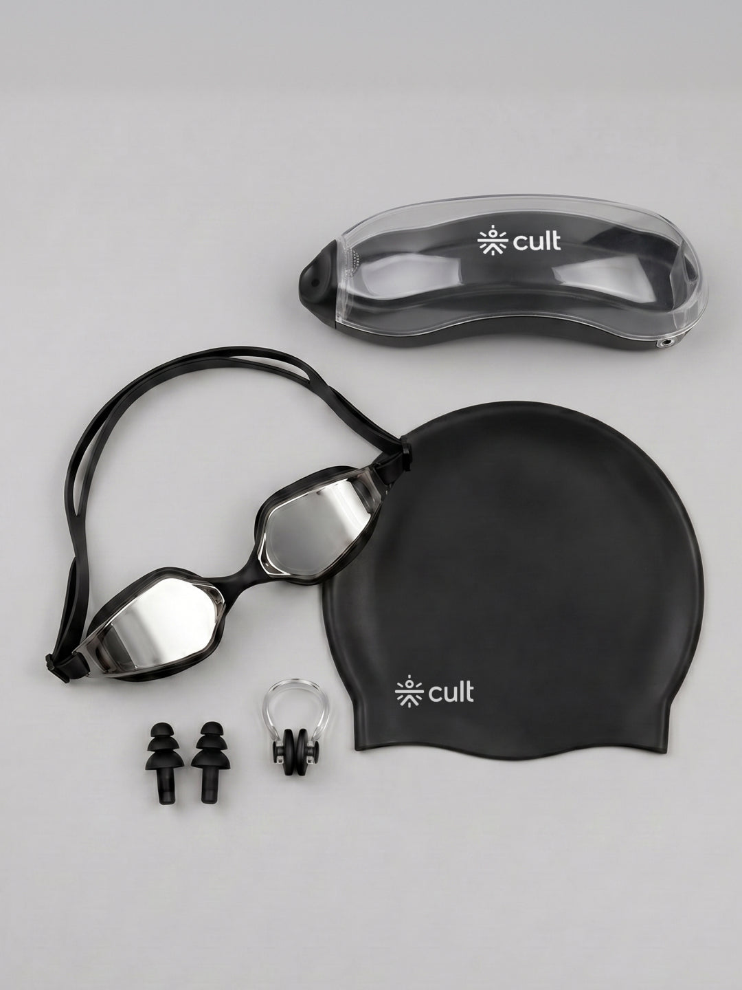 Cult Premium Swimming Kit, Anti-Fog Goggles, Silicone Swim Cap, Nose Clip, Ear Plugs & Premium Carry Box, Black