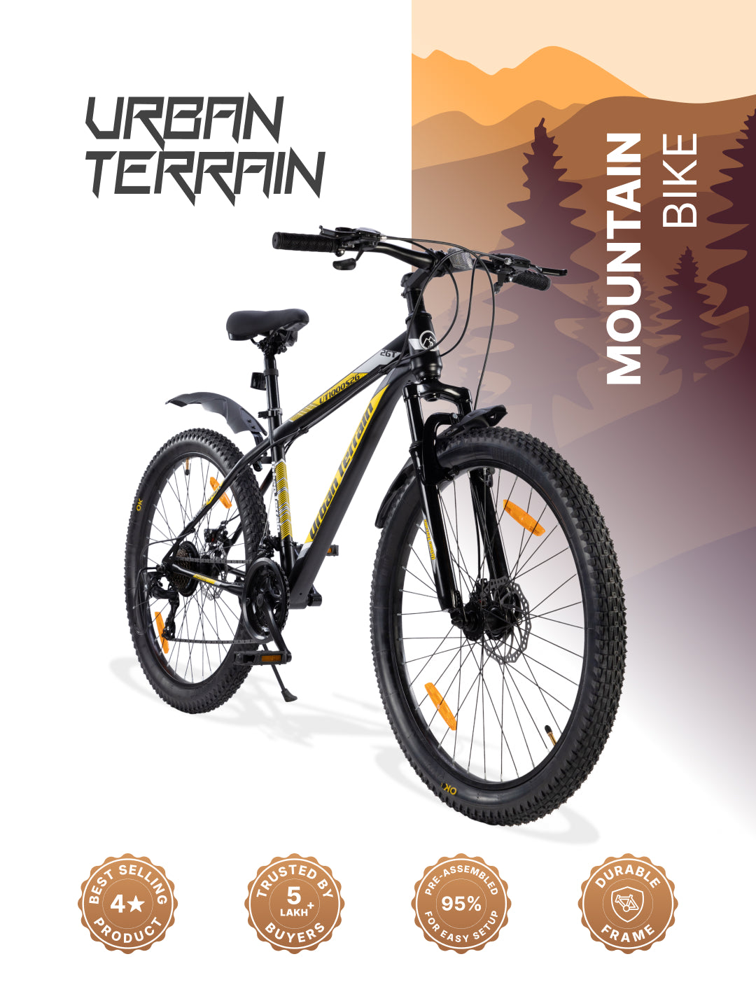 UT1000S26 Mountain Bike Steel 21 Speed Cycle Shimano Gear 26 inch, Yellow With Front Suspension, Single Wall Rim and Dual Disc Brakes Ideal For 5 ft to 5.7 ft