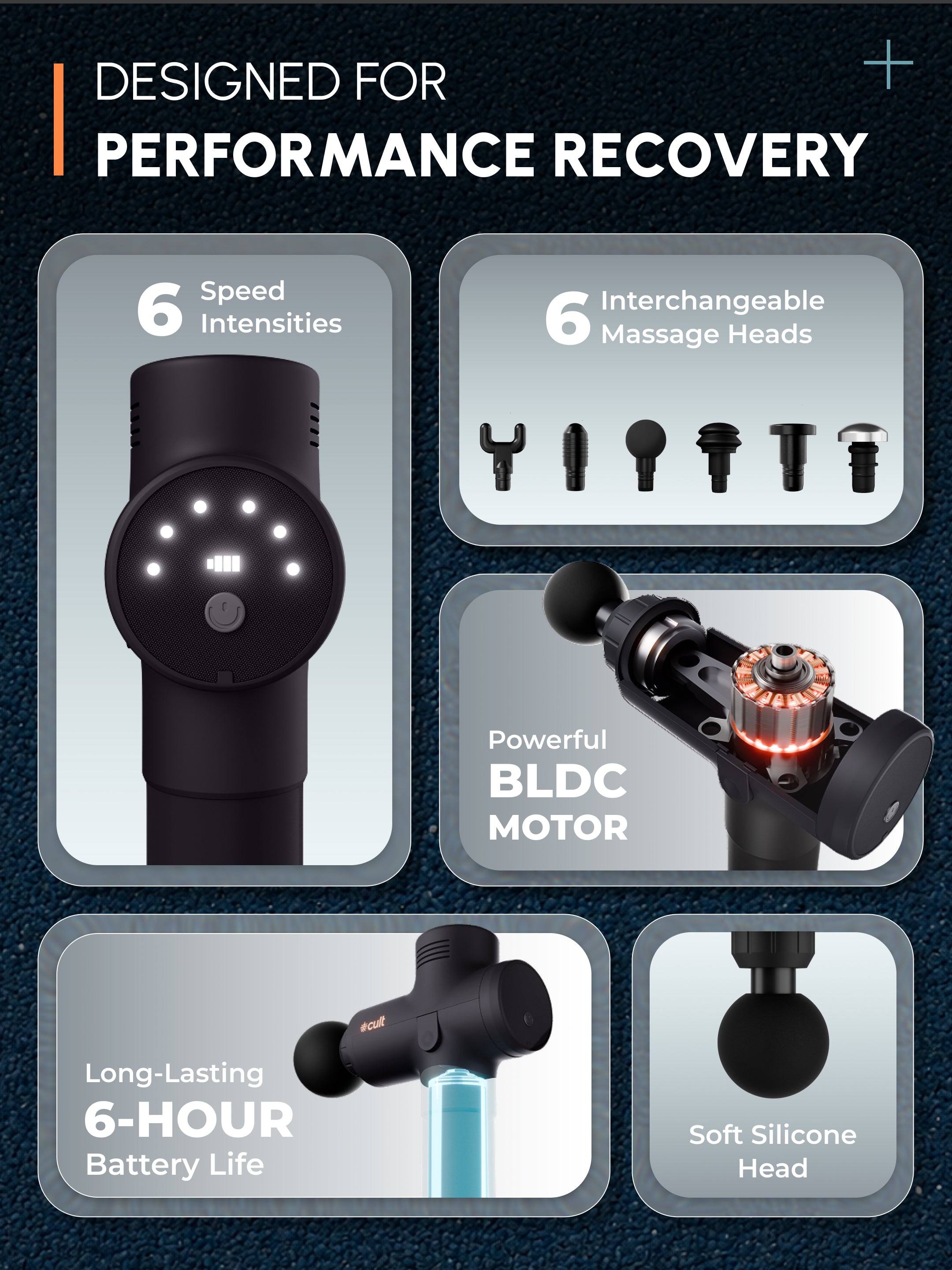 Cult TORQ X Massage Gun for Deep Tissue Muscle Recovery | BLDC Motor, 10mm Amplitude, 6 Speed Levels, 6 Massage Heads, 6-Hour Battery | Pain Relief Massager for Hybrid Athletes, Runners & Fitness Enthusiasts, Blue