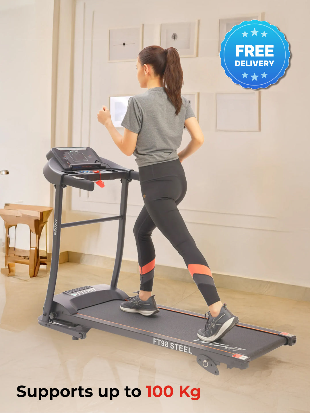 FT98Steel 3HP Treadmill | 3-Level Manual-Incline | Max Speed-12.8kmph | Max Weight-100kg (with 6 months extended warranty)