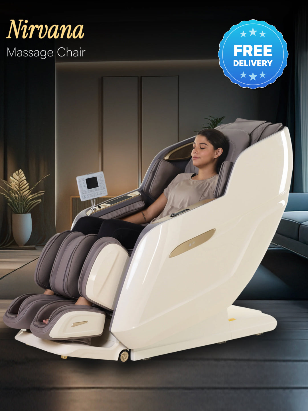 Cult Nirvana Advanced 4D Massage Chair with Leg Massager | Extended SL Track | 22 Auto Programs | Waist Heating | Zero-Gravity | AI Voice Control (Beige & White) - (6 Months extended Warranty)