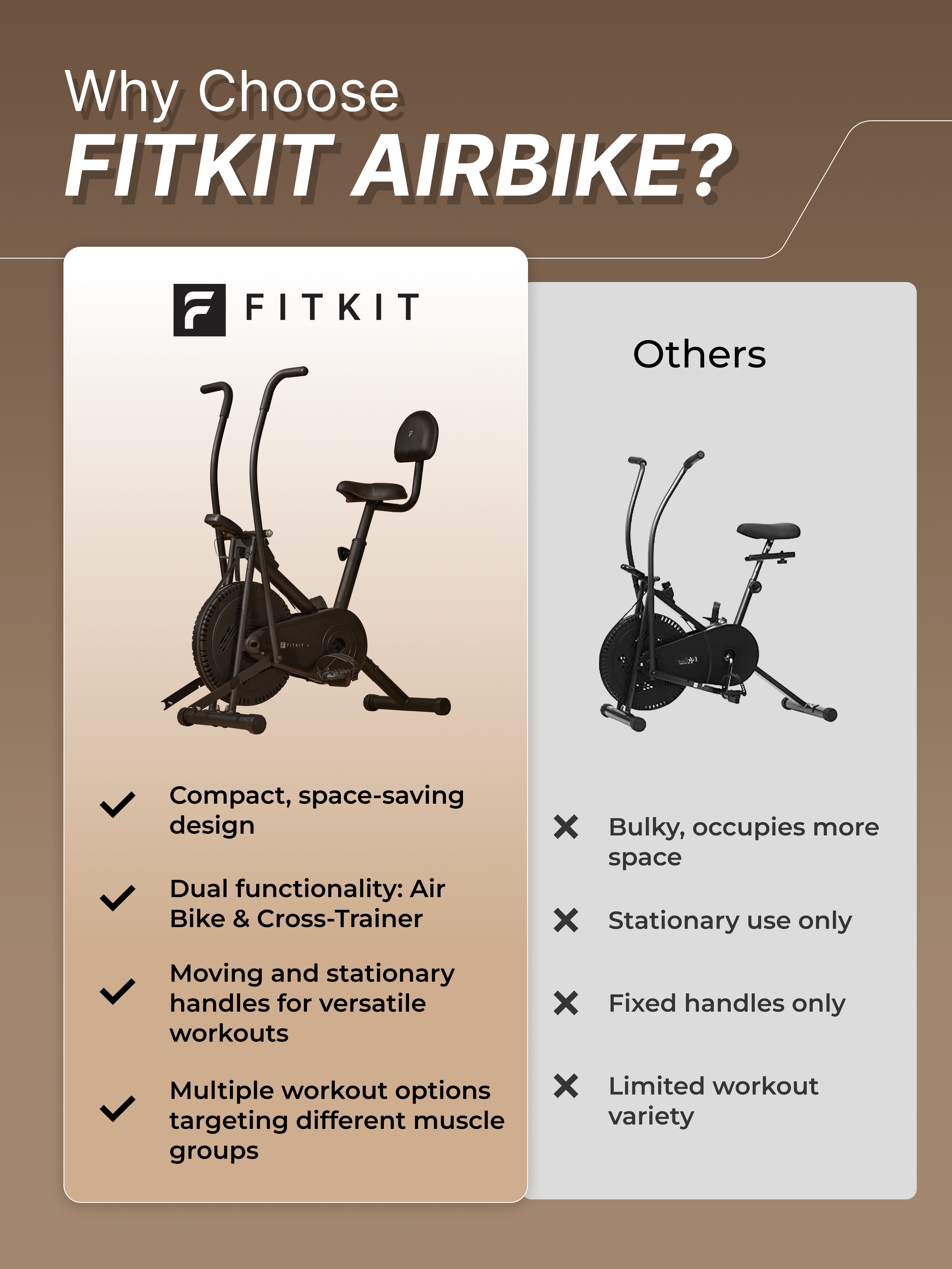 Fitkit Dual Action 2-in-1 Air Bike | Moving & Fixed Handles Exercise Cycle | Adjustable Seat & Anti-Slip Pedals | Direct Resistance | 120 kg Max Weight | Home Use Exercise Bike